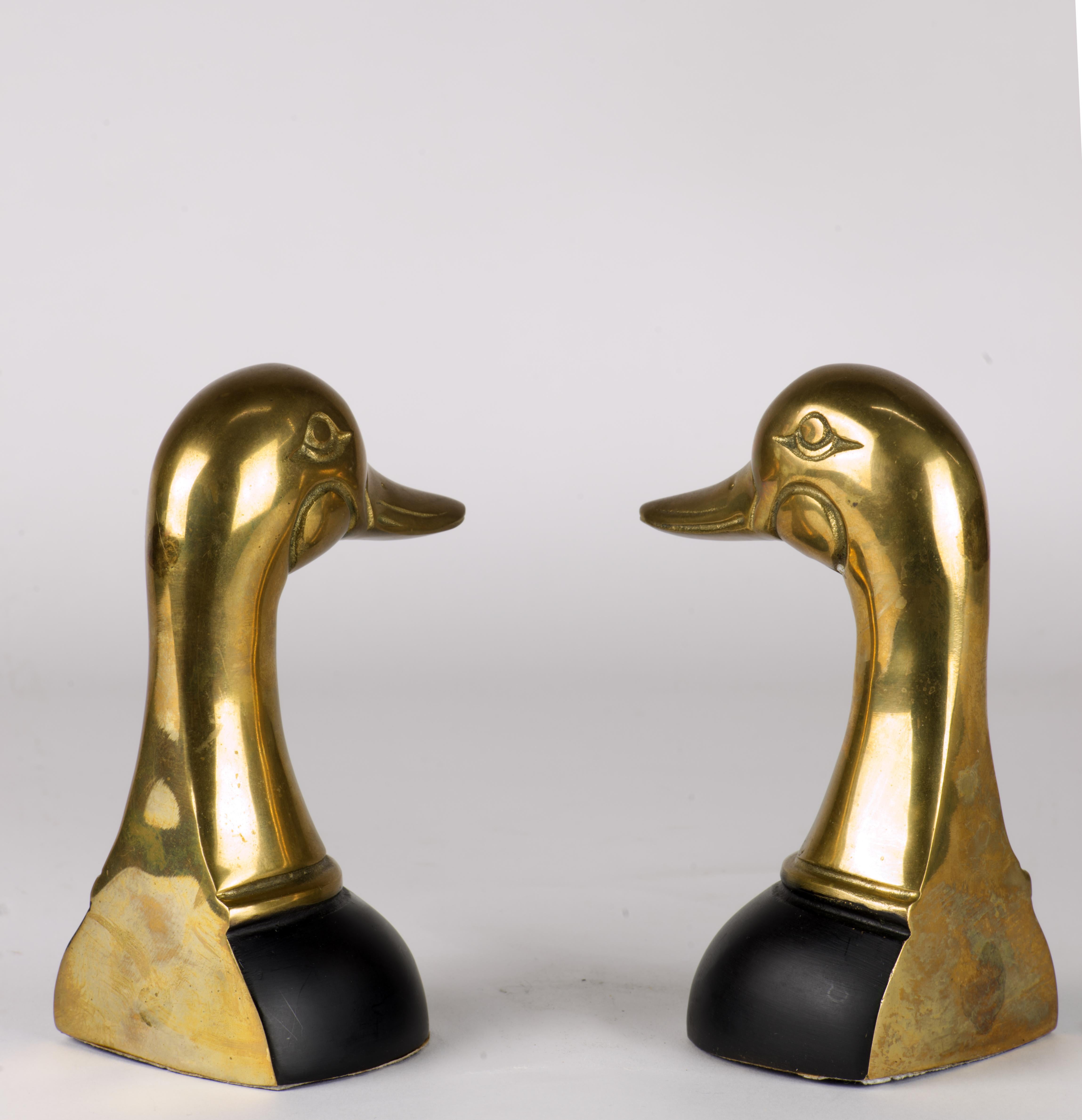 Pair of Cast Brass Mallard Duck Bookends Mid Century Modern In Good Condition For Sale In Clifton Springs, NY