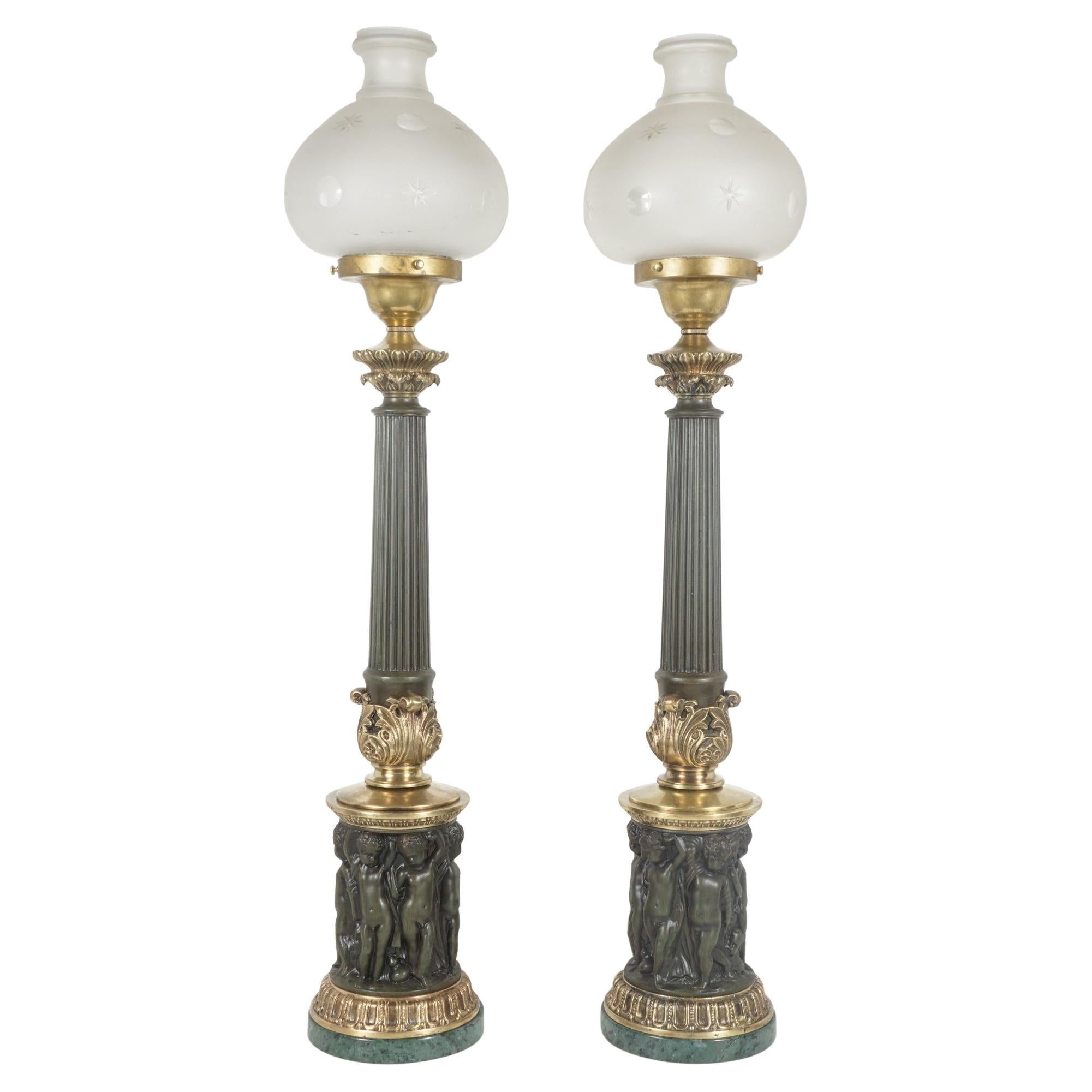 Pair of Cast Brass & Tole Neoclassical Sinumbra Style Lamps For Sale