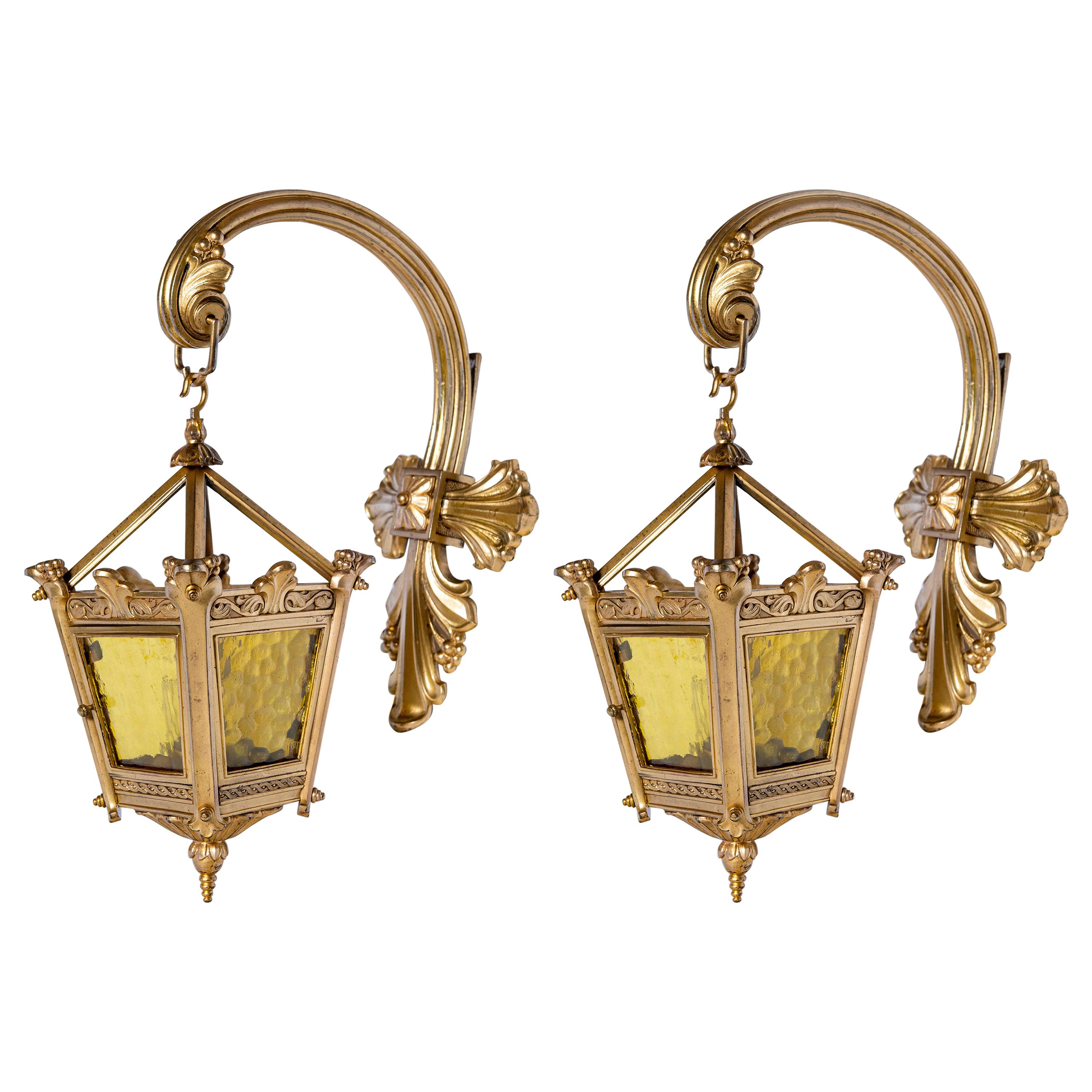 Pair of Cast Bronze and Glass Sconces, England, Late 19th Century For Sale