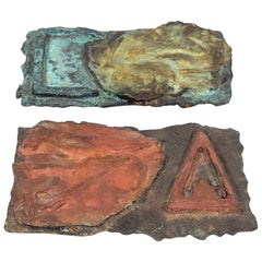 Pair of Cast Bronze Brutalist Plaques