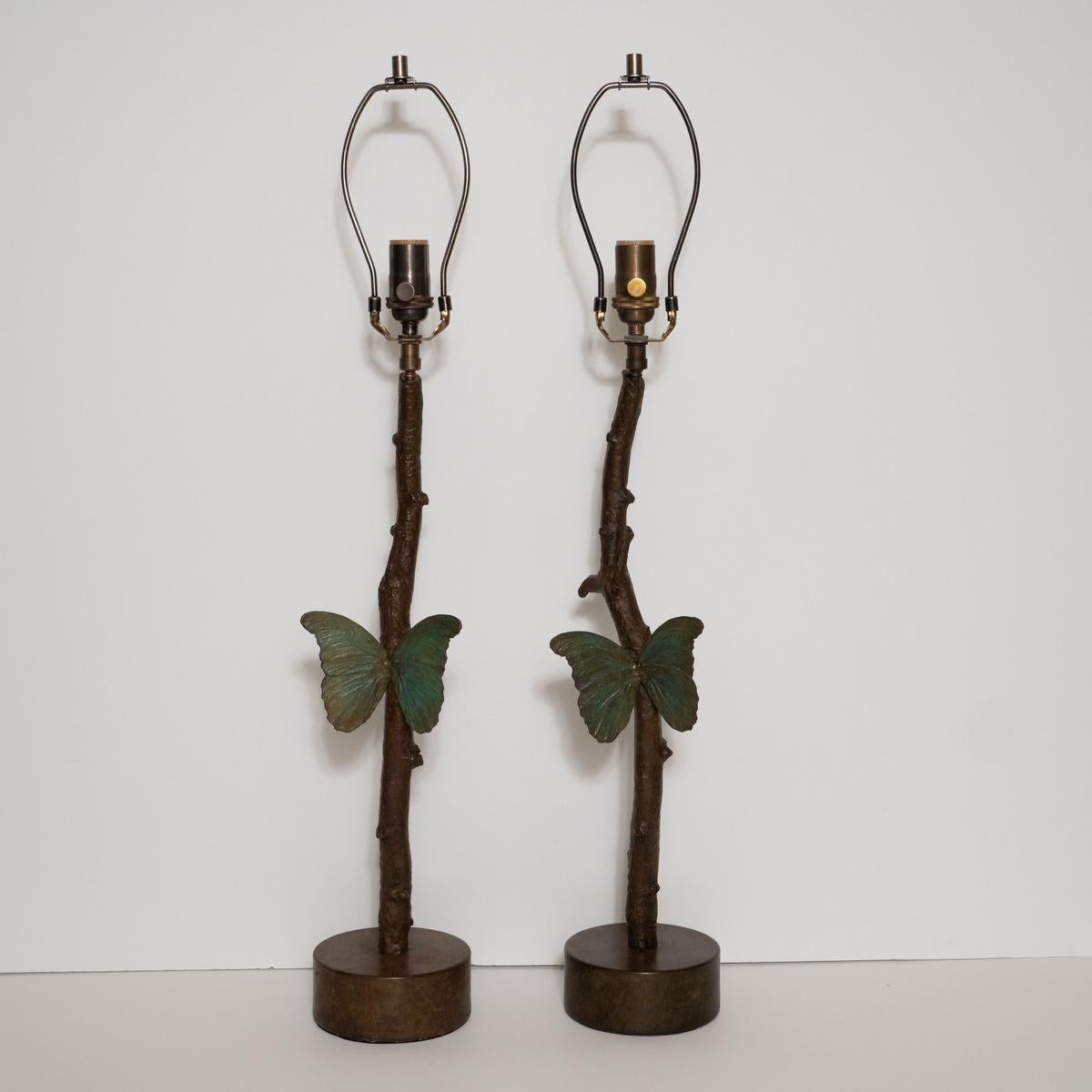 Organic Modern Pair of Cast Bronze Butterfly Table Lamps