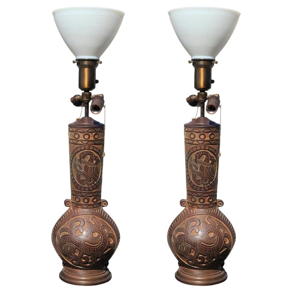 Pair of Cast Bronze Chinese Style Relief Lamps