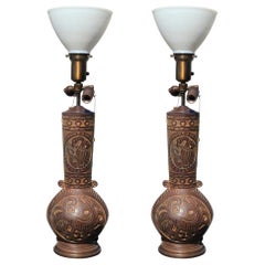 Pair of Cast Bronze Chinese Style Relief Lamps