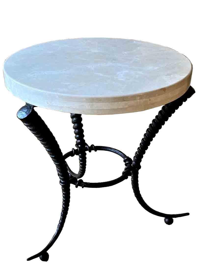 Pair of Cast Bronze Contemporary Horn Style Tripod Base with Fabricated White Travertine Marble Top Side Tables.
Tripod Horn Style Base Supporting Round White Marble Top with Stylish Black and White contrasting colors make them exceptional