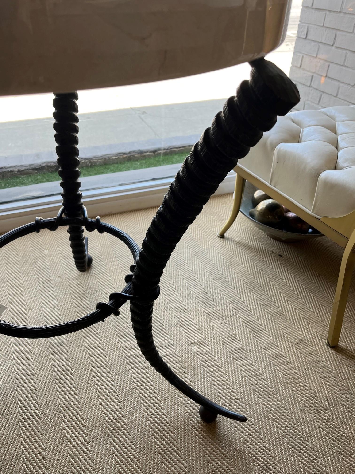 Pair of Cast Bronze Contemporary Horn Style Tripod Base W/ Marble Top Side Table In Good Condition For Sale In Los Angeles, CA