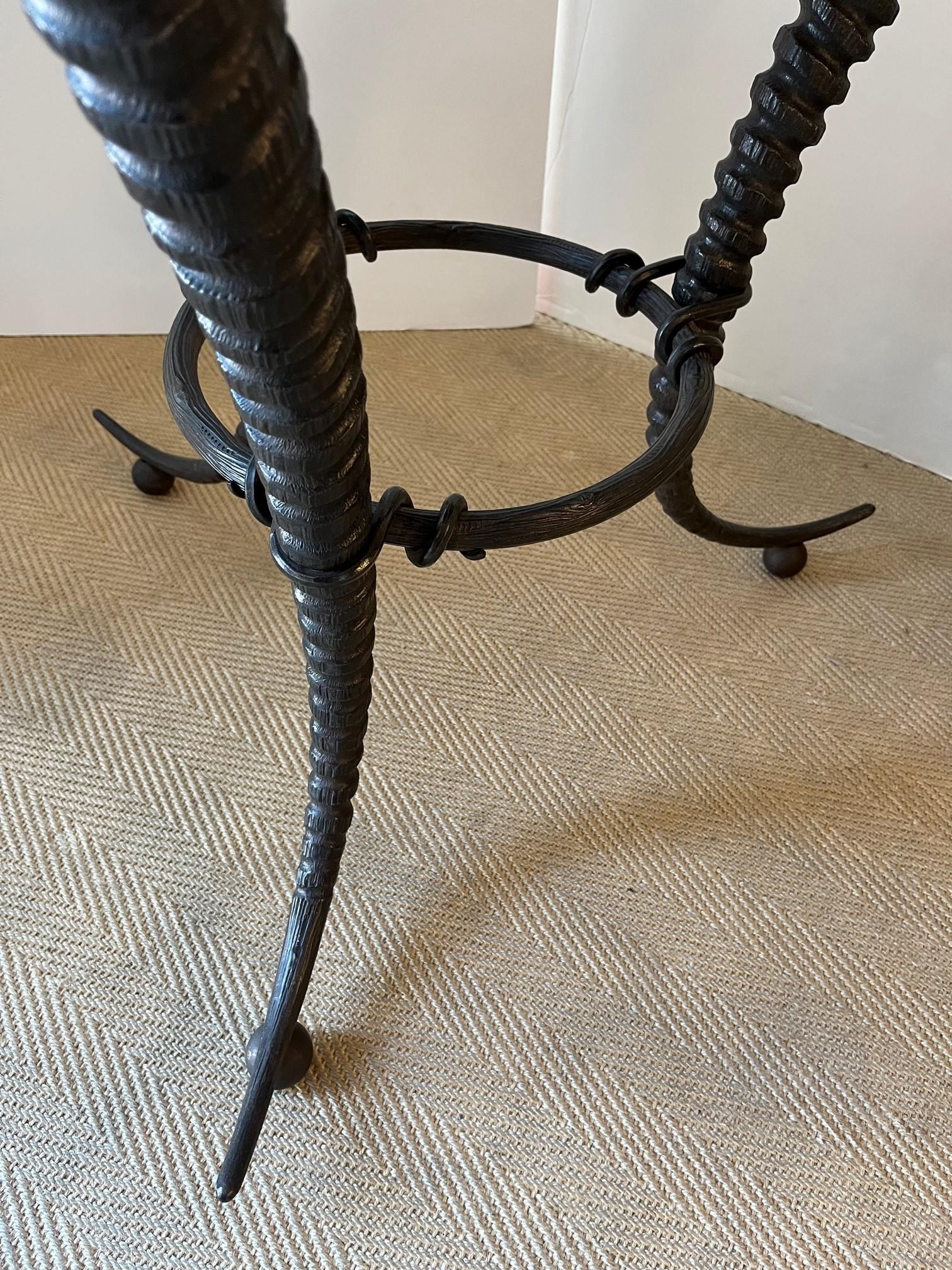 Pair of Cast Bronze Contemporary Horn Style Tripod Base W/ Marble Top Side Table For Sale 2