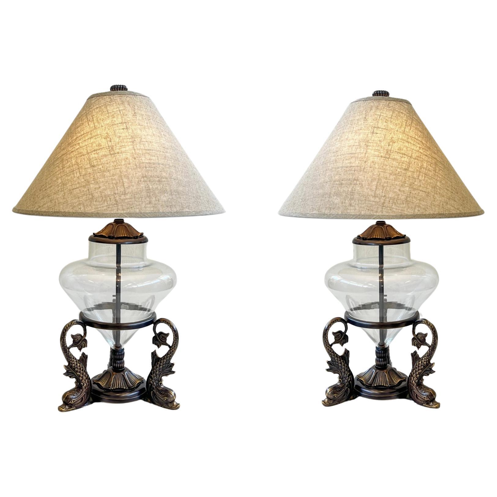 Pair of Cast Bronze Fish and Glass Table Lamps by Frederick Cooper