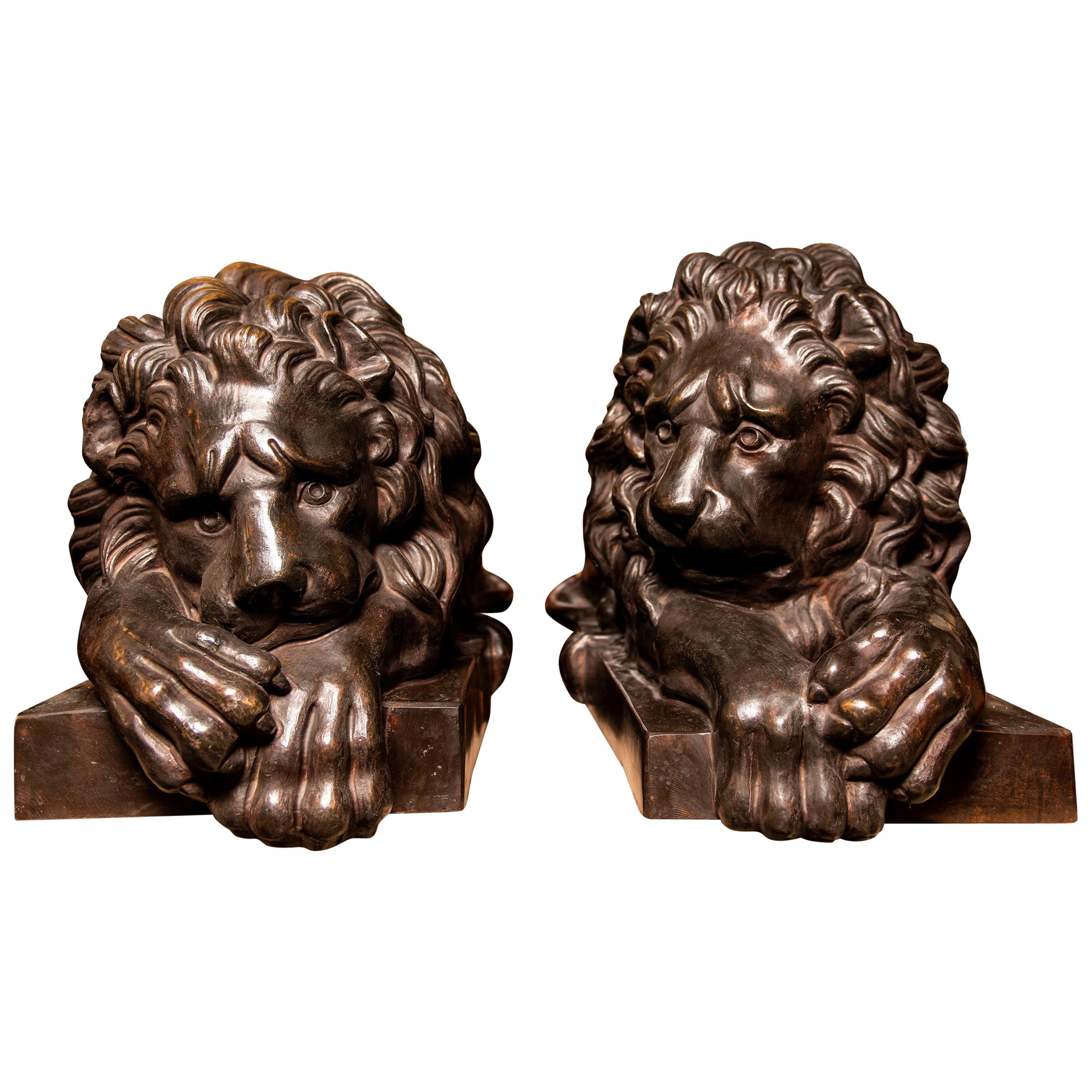 Pair of Cast Bronze Lions, Italy, Late 19th Century