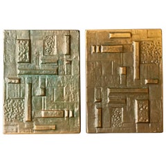 Pair of Cast Bronze Push/Pull Door Handles with Geometric Relief, Germany