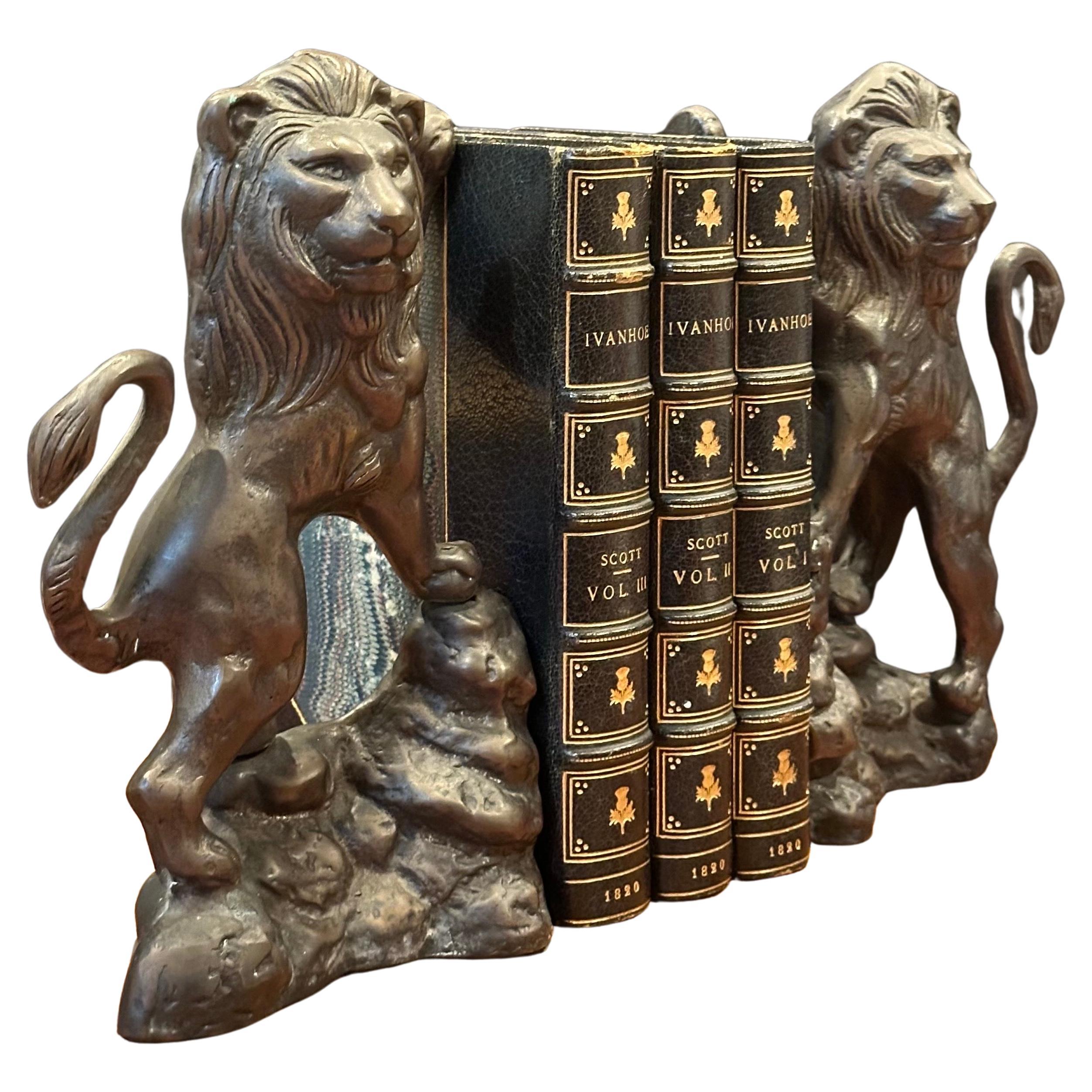Hollywood Regency Pair of Cast Bronze Standing Lion Bookends