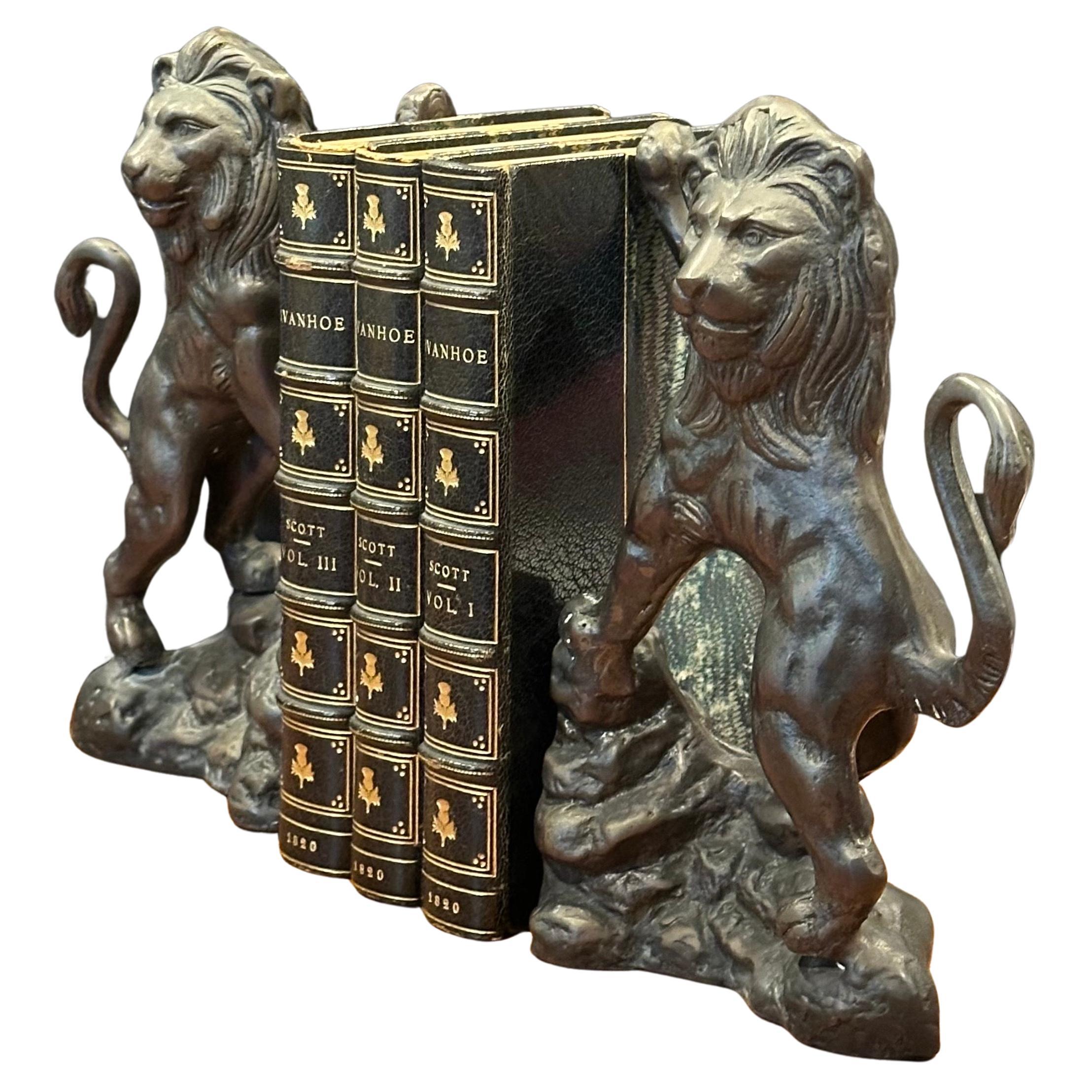Pair of Cast Bronze Standing Lion Bookends In Good Condition In San Diego, CA