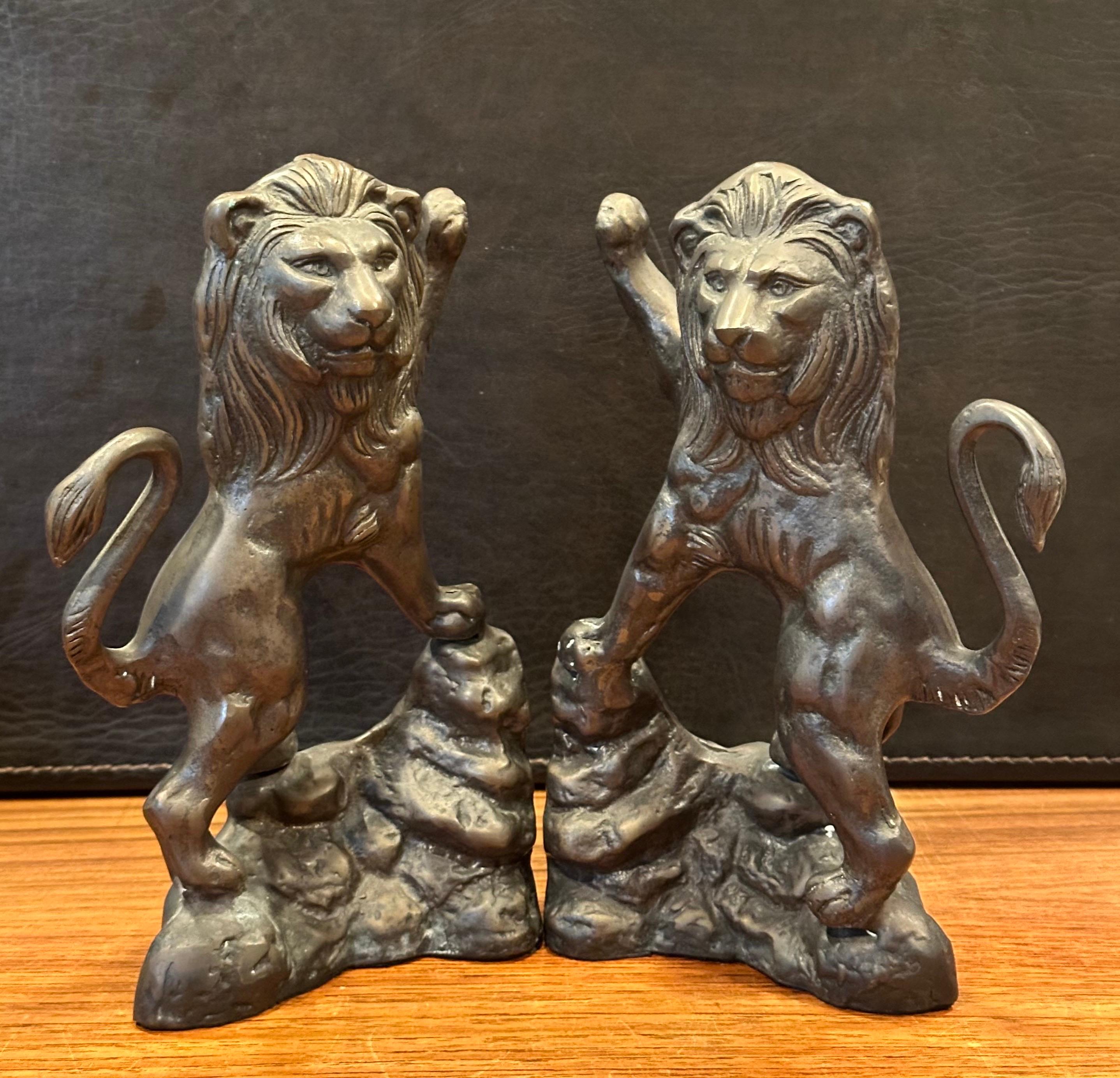 20th Century Pair of Cast Bronze Standing Lion Bookends