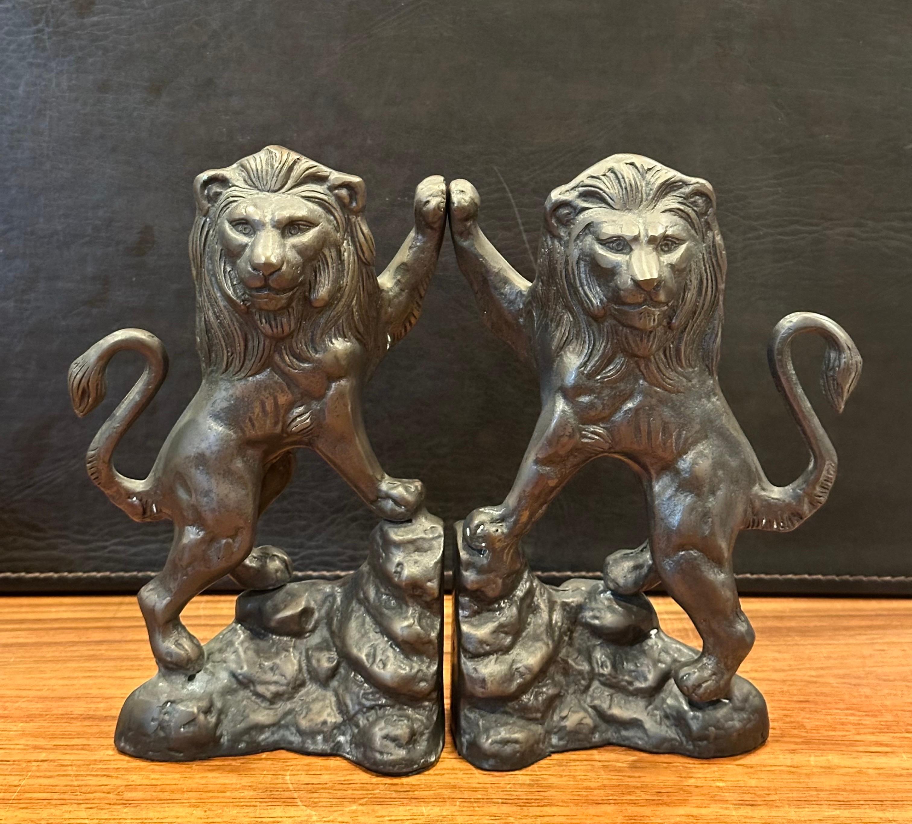 Pair of Cast Bronze Standing Lion Bookends 1