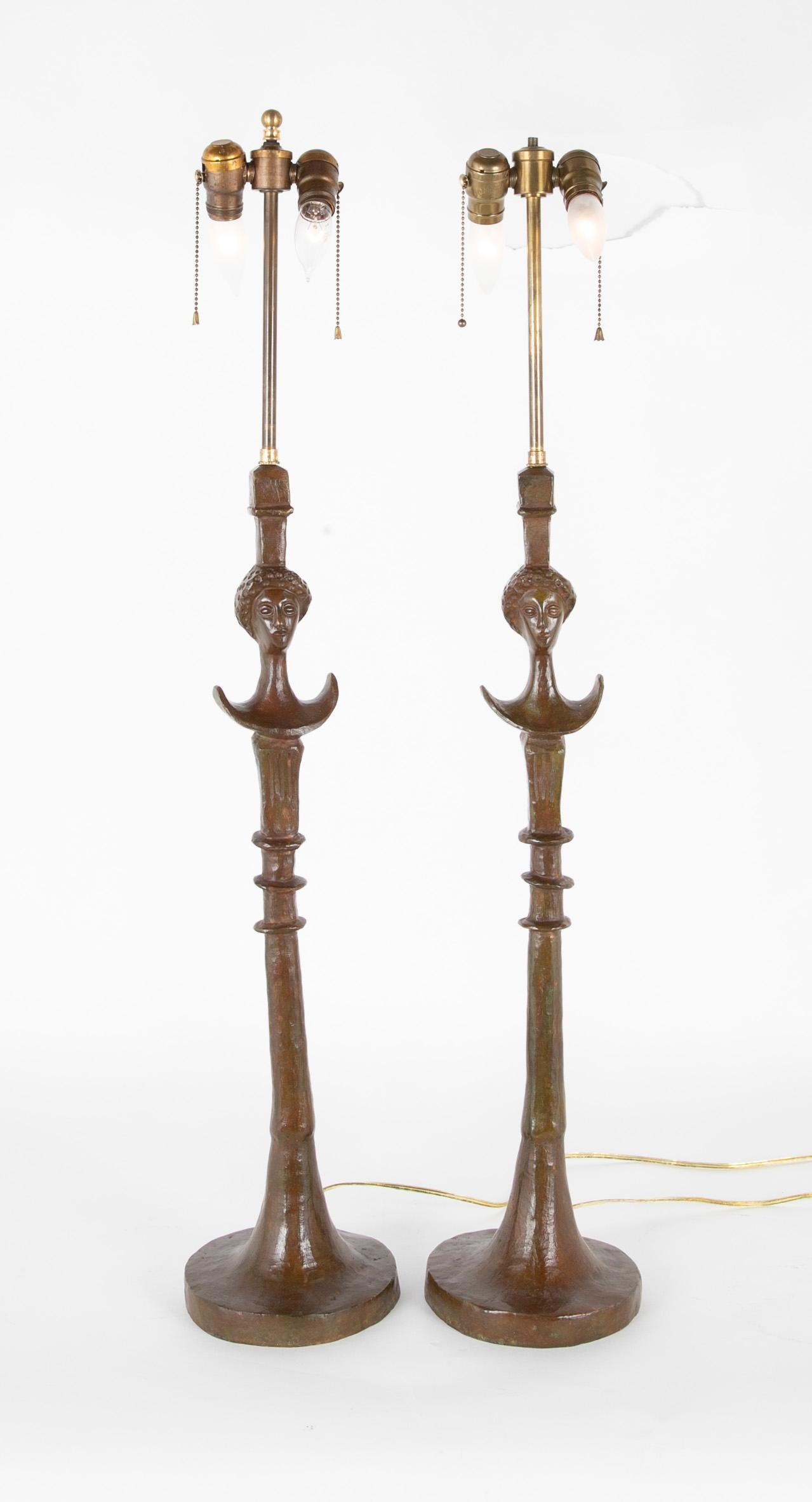Modern Pair of Cast Bronze Table Lamps in the Style of Giacometti