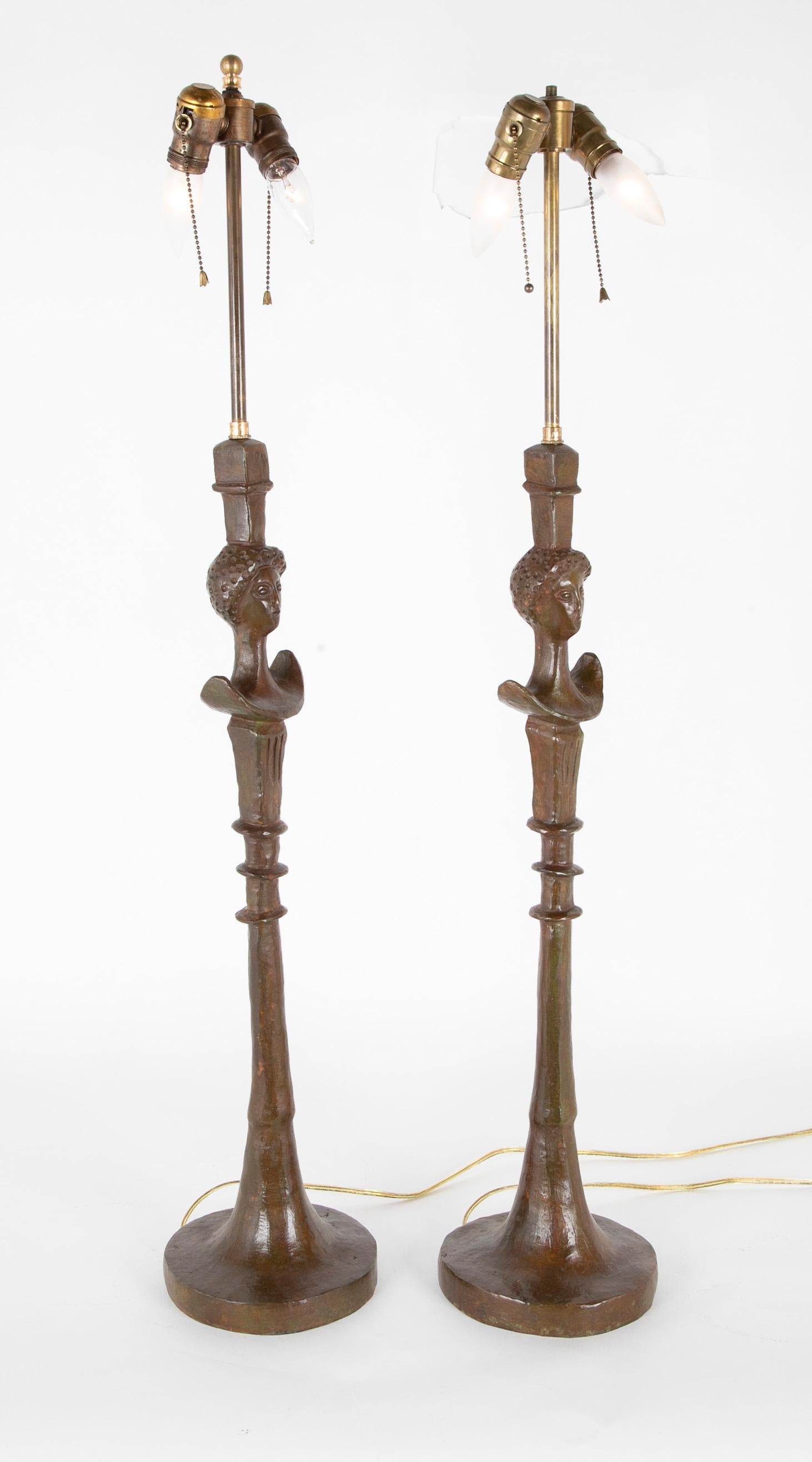 Pair of Cast Bronze Table Lamps in the Style of Giacometti In Good Condition In Stamford, CT