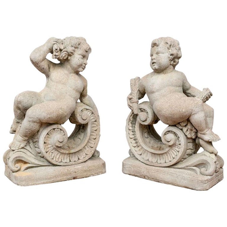 Pair of Cast Cement Garden Putti Figures For Sale at 1stDibs