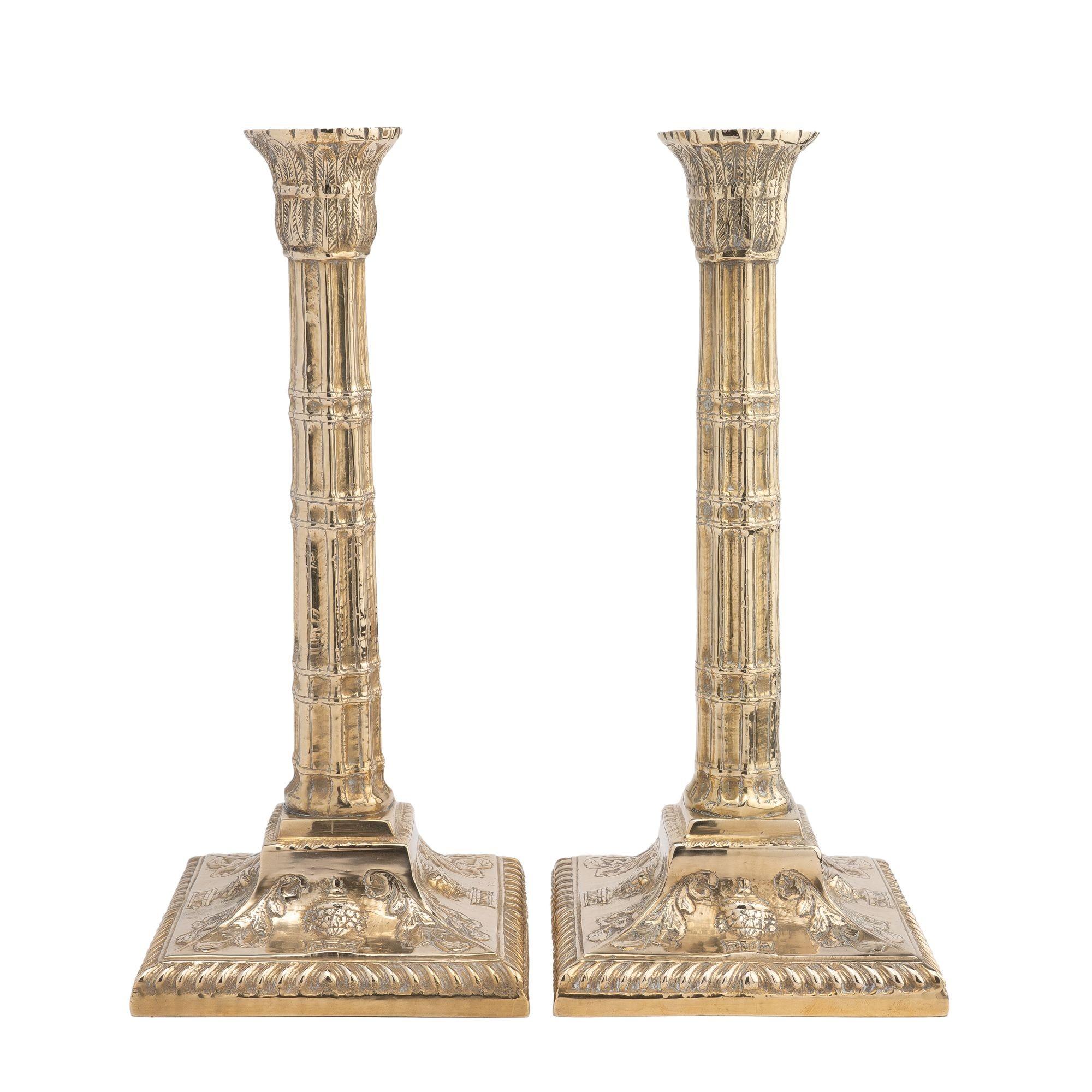 Pair of cast hardened white brass candlesticks in patented Martinoid. The acanthus leaf capital is supported by a cluster column on a square gadroon edged base. Cast from an 18th century English Silver model.
Birmingham, England, third quarter 19th