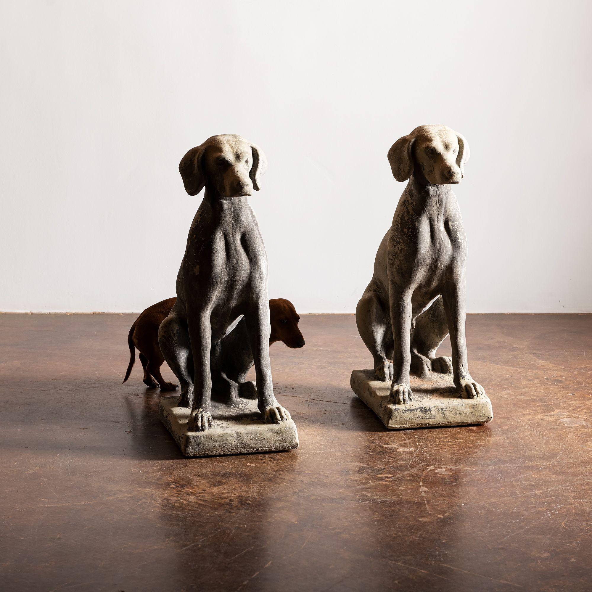 A handsome pair of cast concrete entry dogs.  Made in the US in late 20th Century.  Incredibly well-behaved.