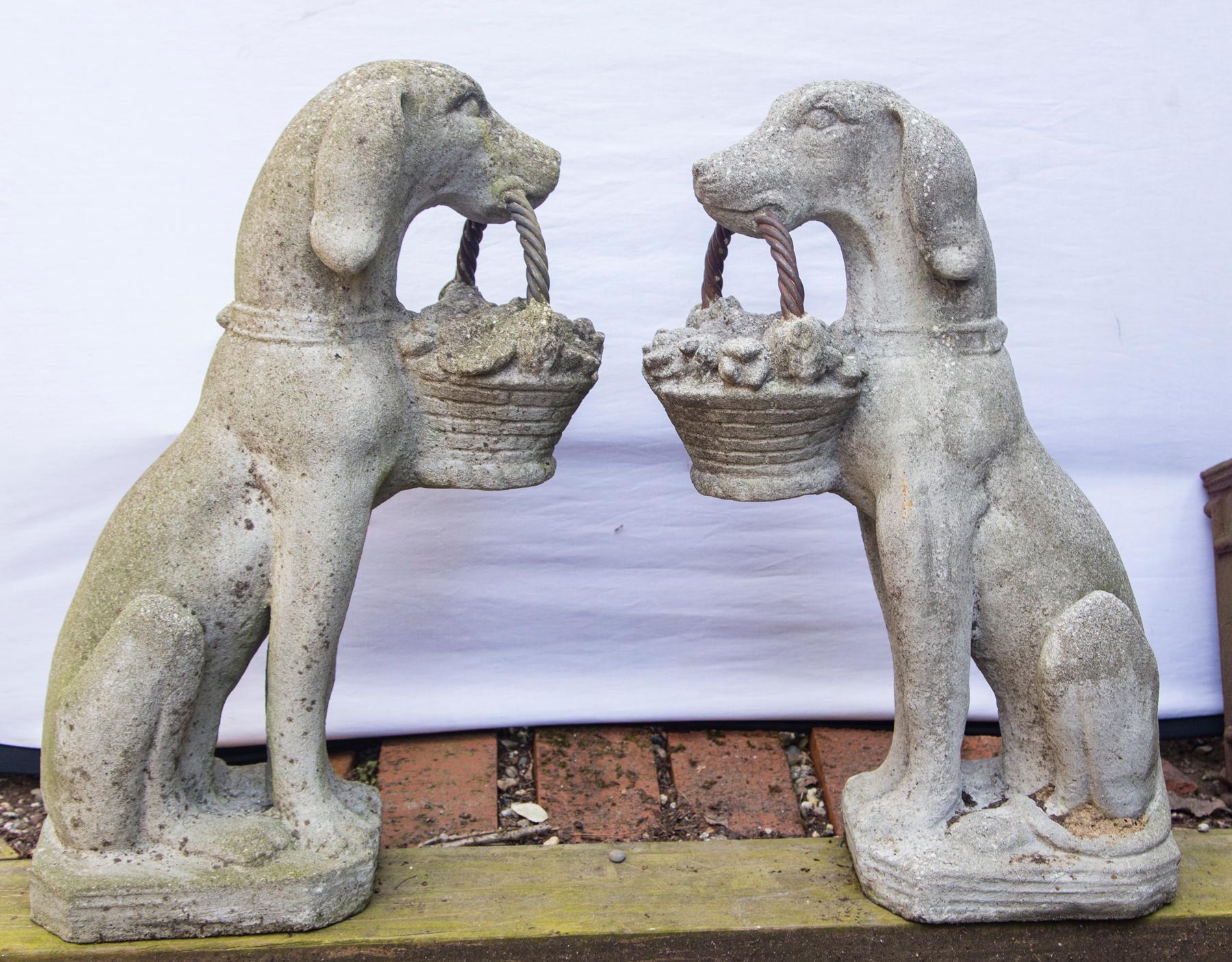 Cement Pair of Cast Concrete Seated Dogs