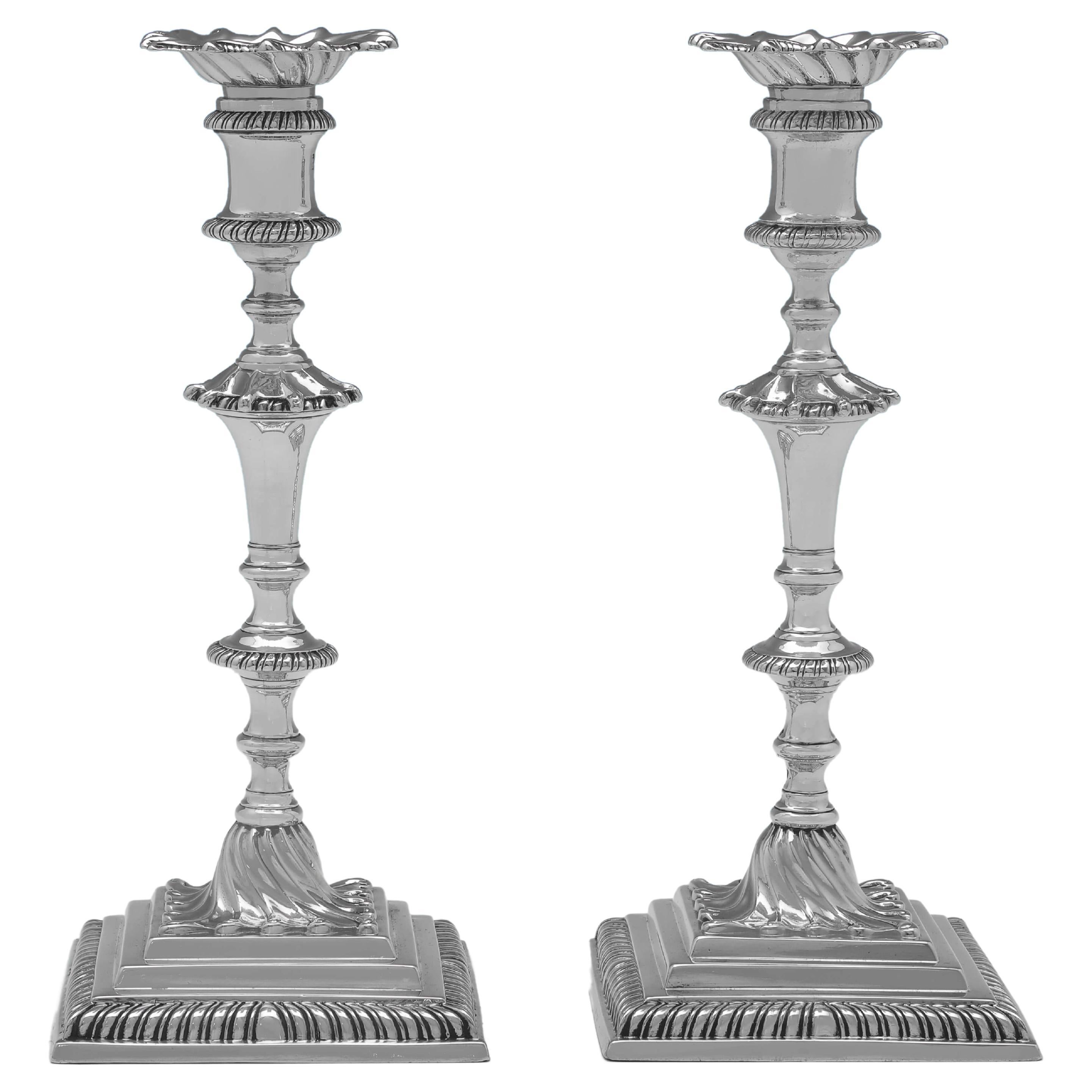 Pair of Cast George III Period Sterling Silver Candlesticks Elizabeth Cooke 1763 For Sale