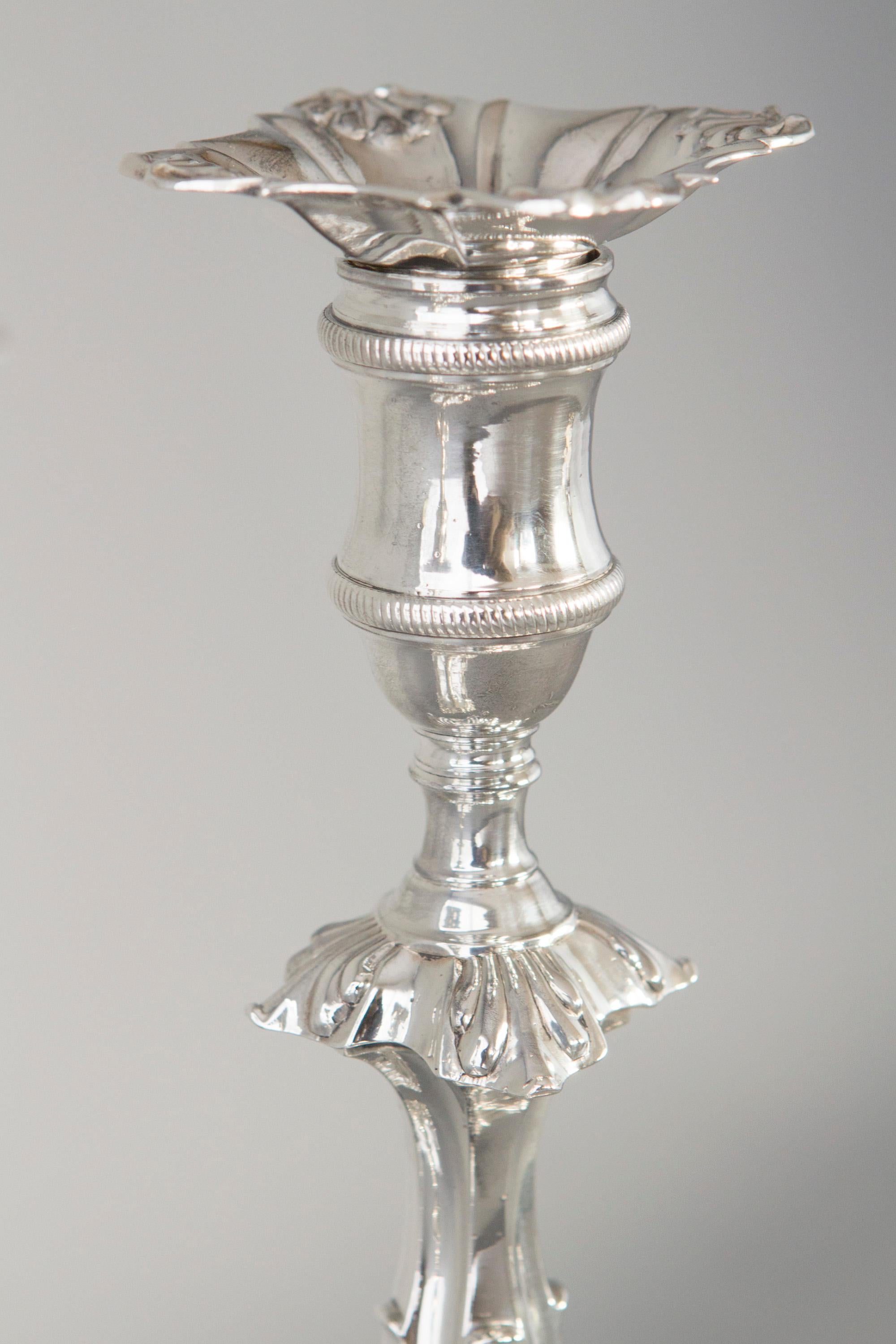 English Pair of Cast George III Silver Candlesticks, London, 1762