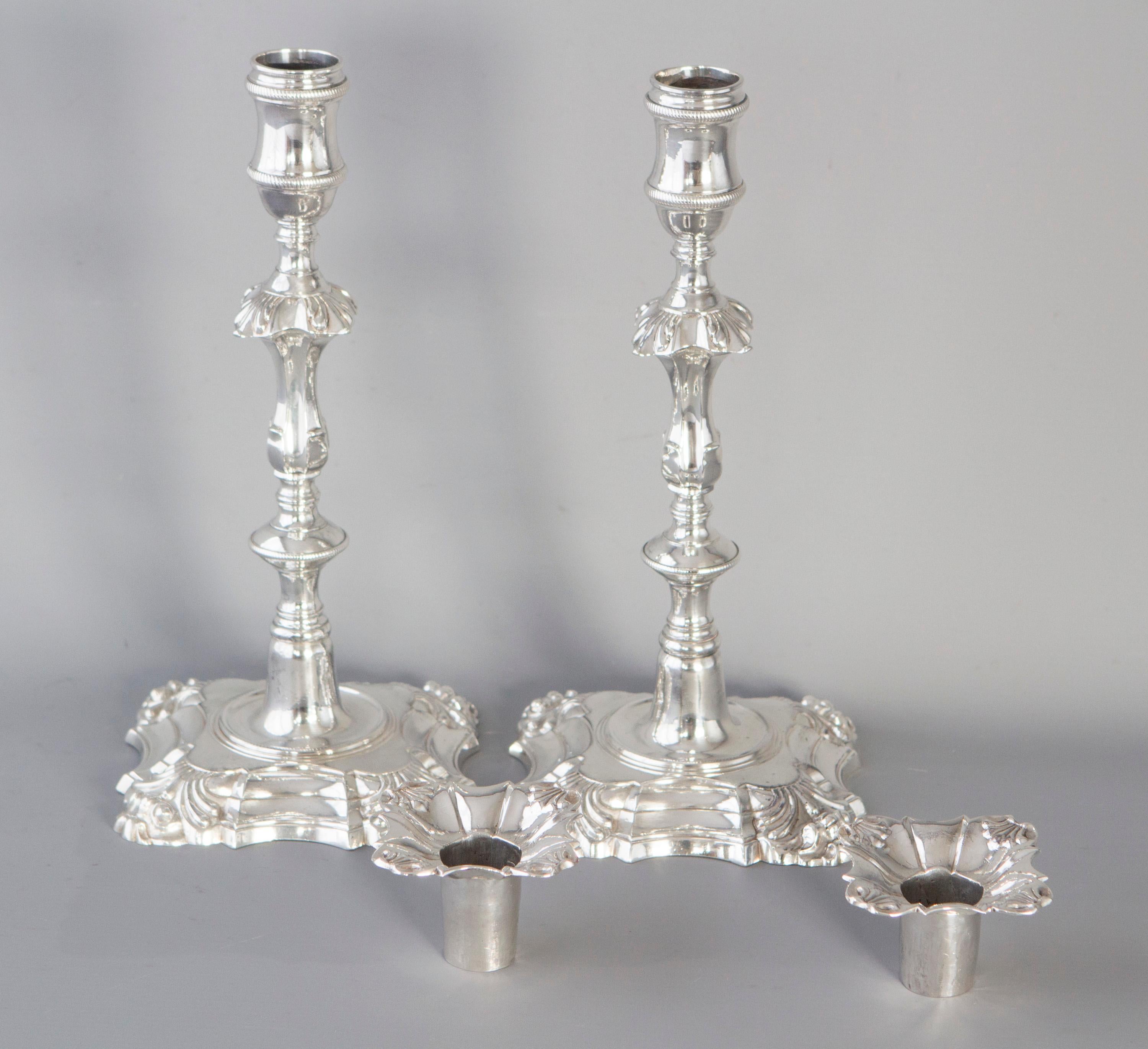 Mid-18th Century Pair of Cast George III Silver Candlesticks, London, 1762