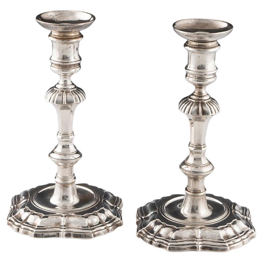 Pair of Cast Georgian Silver Candlesticks London 1742