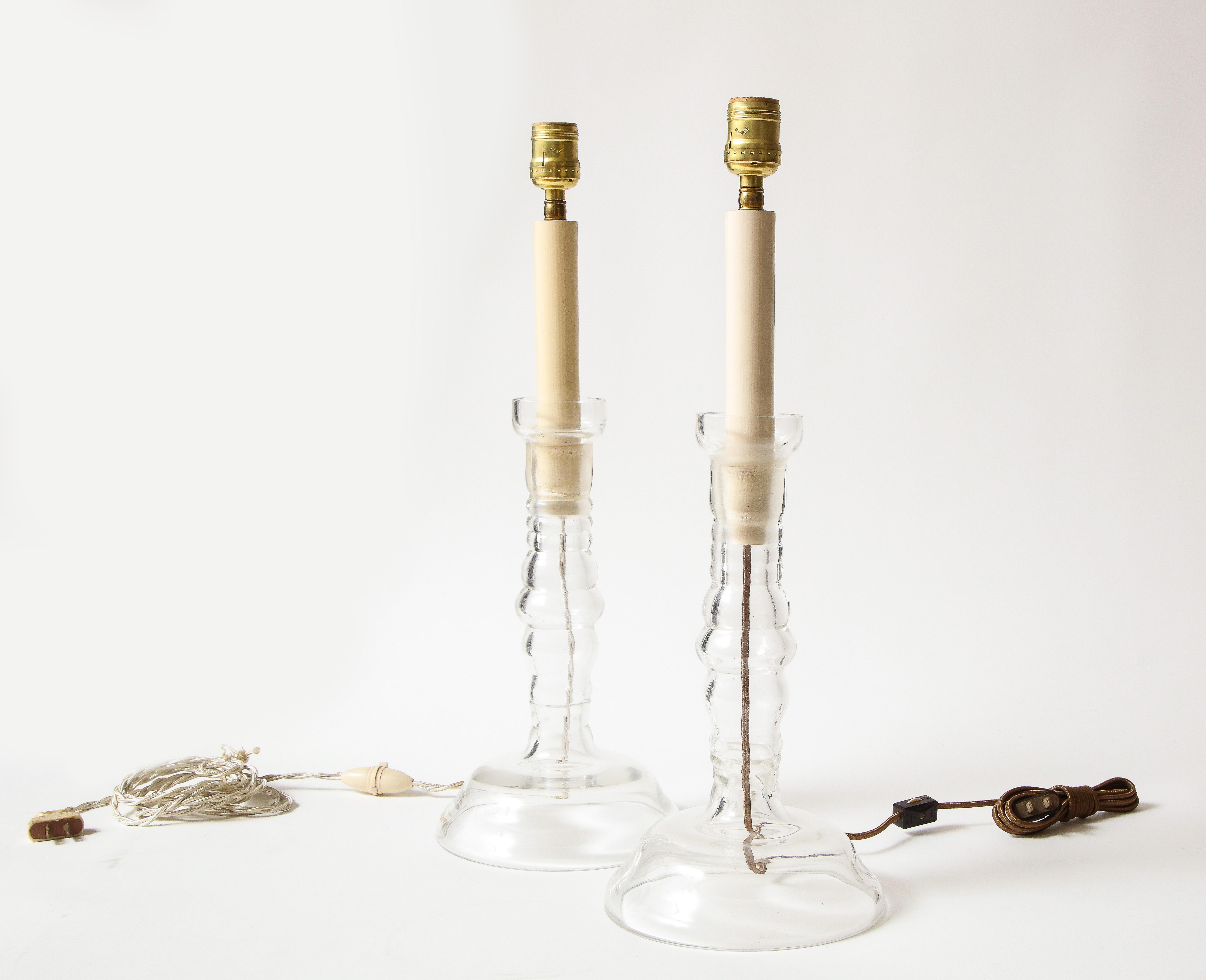 Pair of Cast-Glass Candlestick Lamps In Good Condition For Sale In New York, NY