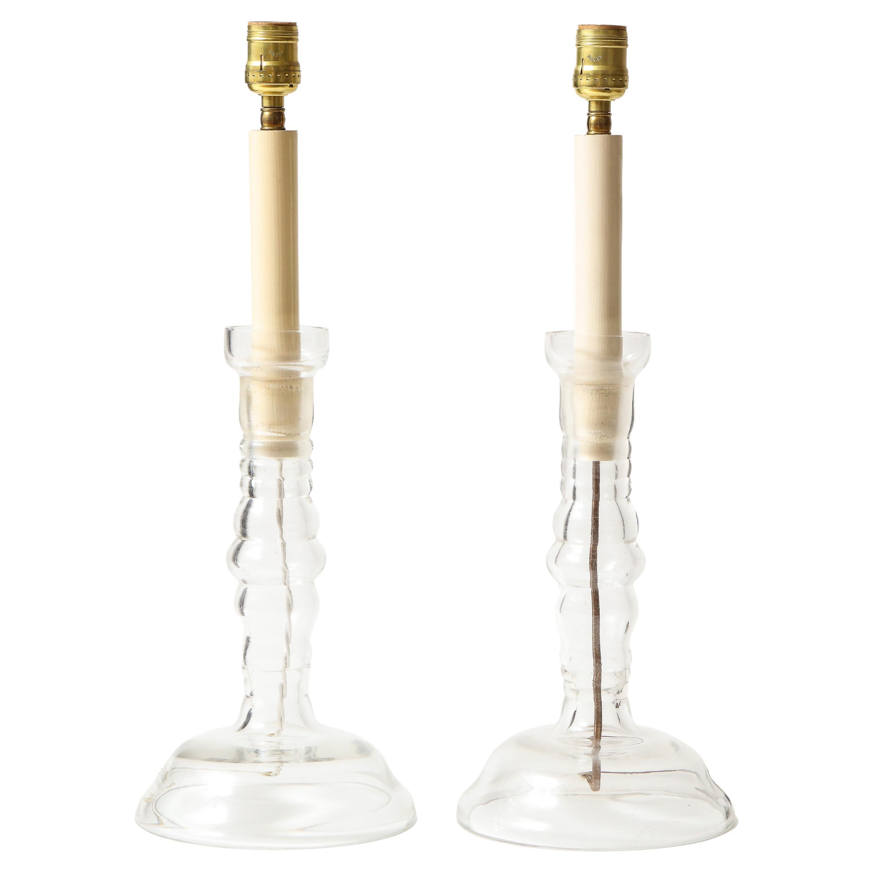 Pair of Cast-Glass Candlestick Lamps For Sale