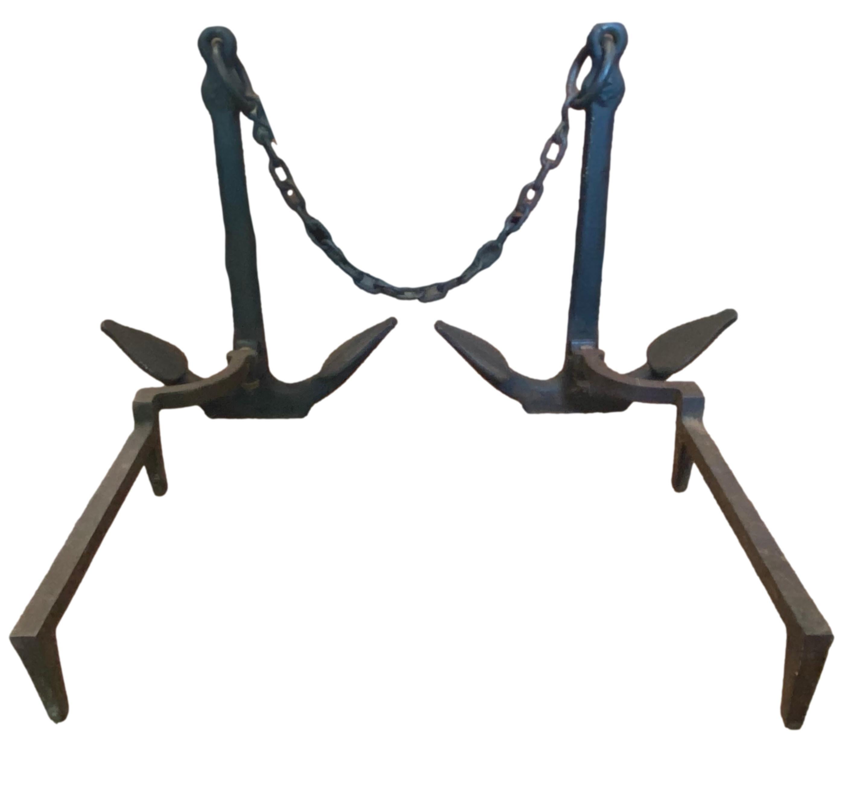 20th Century Pair of Cast Iron Anchor Andirons For Sale