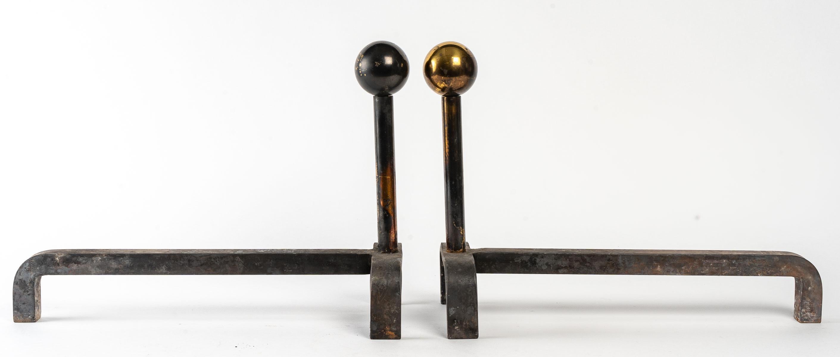 European Pair of Cast Iron and Brass Chenets, 1960 For Sale
