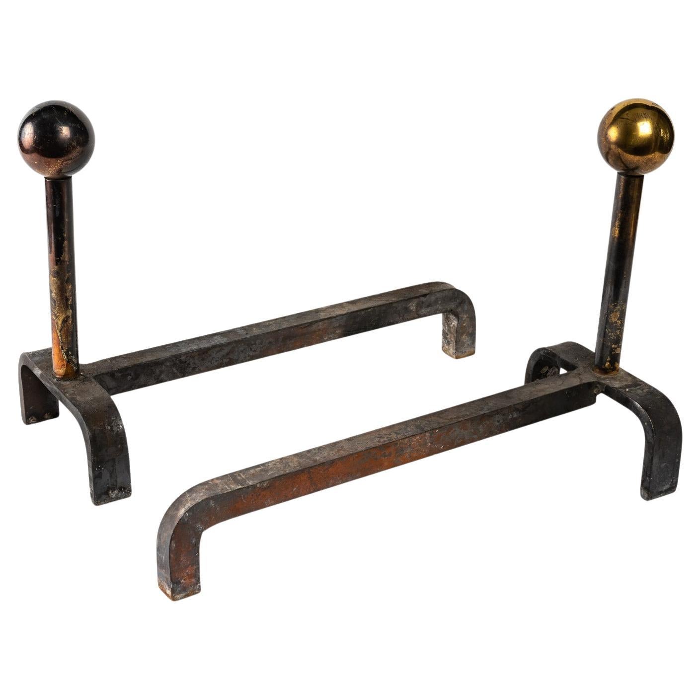 Pair of Cast Iron and Brass Chenets, 1960 For Sale