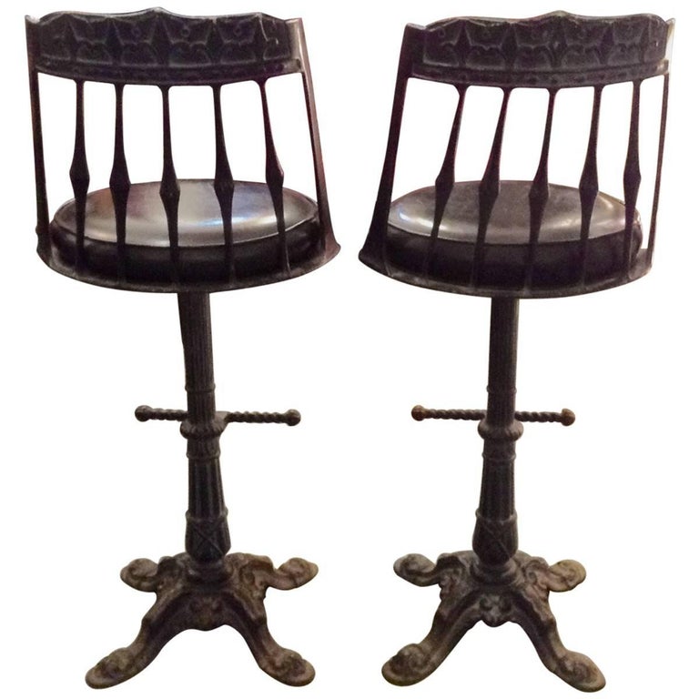 Pair of Cast Iron and Leather Bar Stools at 1stdibs