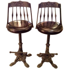 Vintage Pair of Cast Iron and Leather Bar Stools