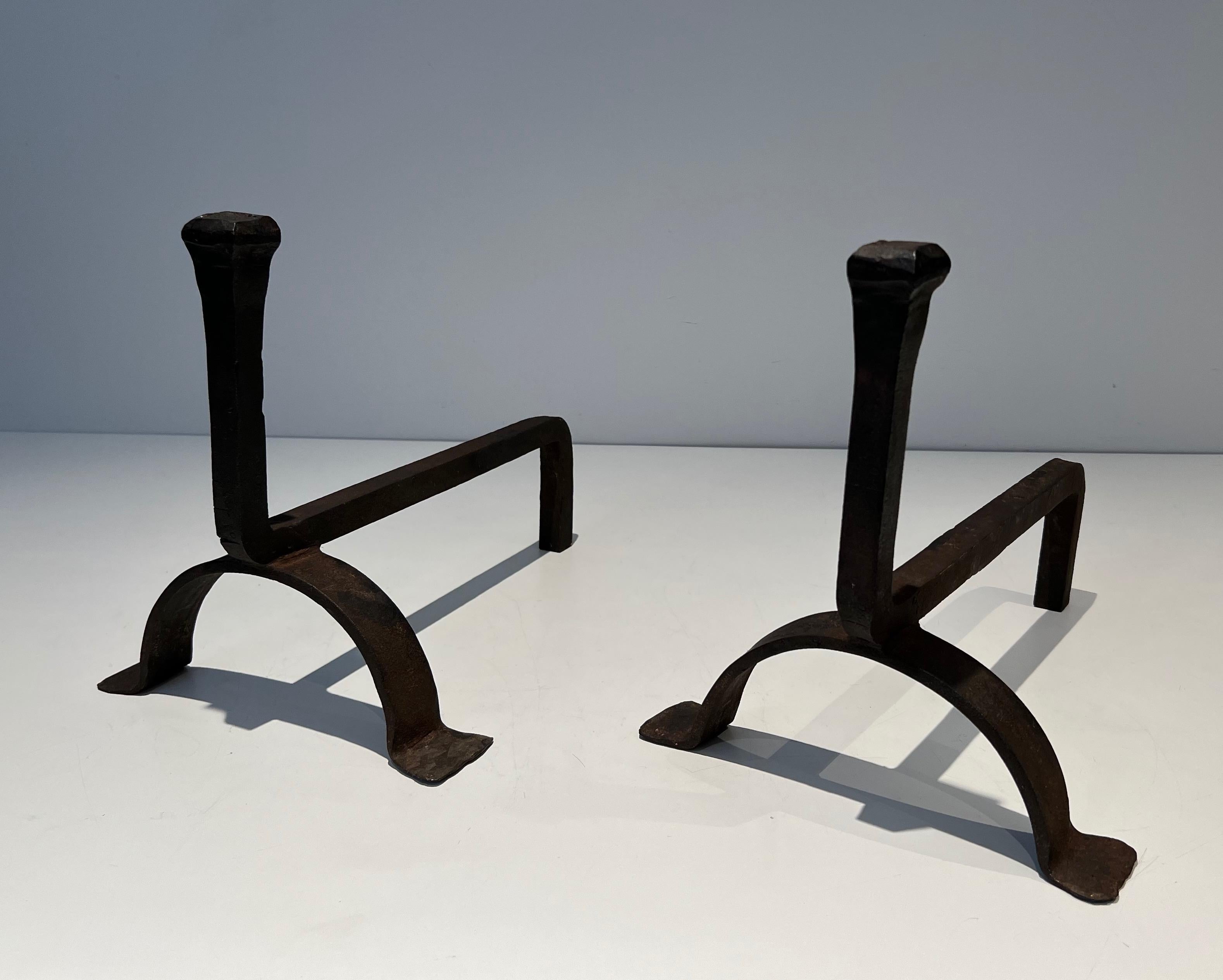 French Pair of Cast Iron and Wrought Iron Andirons For Sale