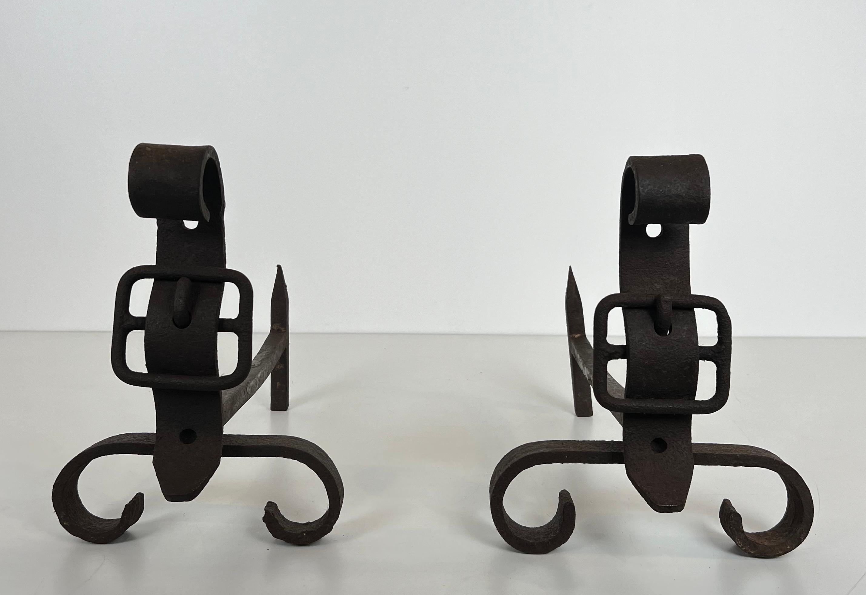 Pair of cast iron and wrought iron andirons representing a belt. French work. For Sale 5