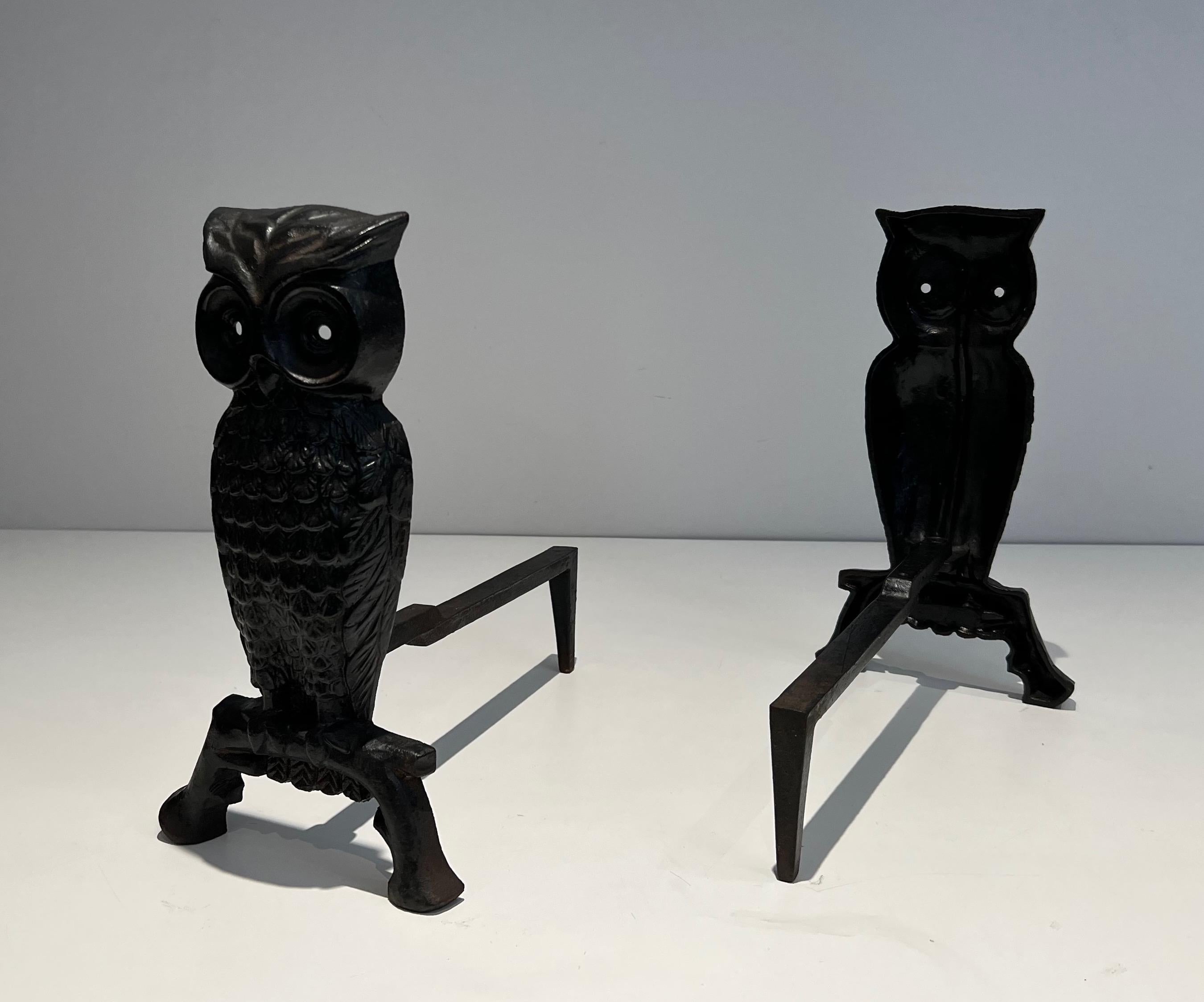 Pair of Cast Iron and Wrought Iron Andirons Showing an Owl For Sale 3