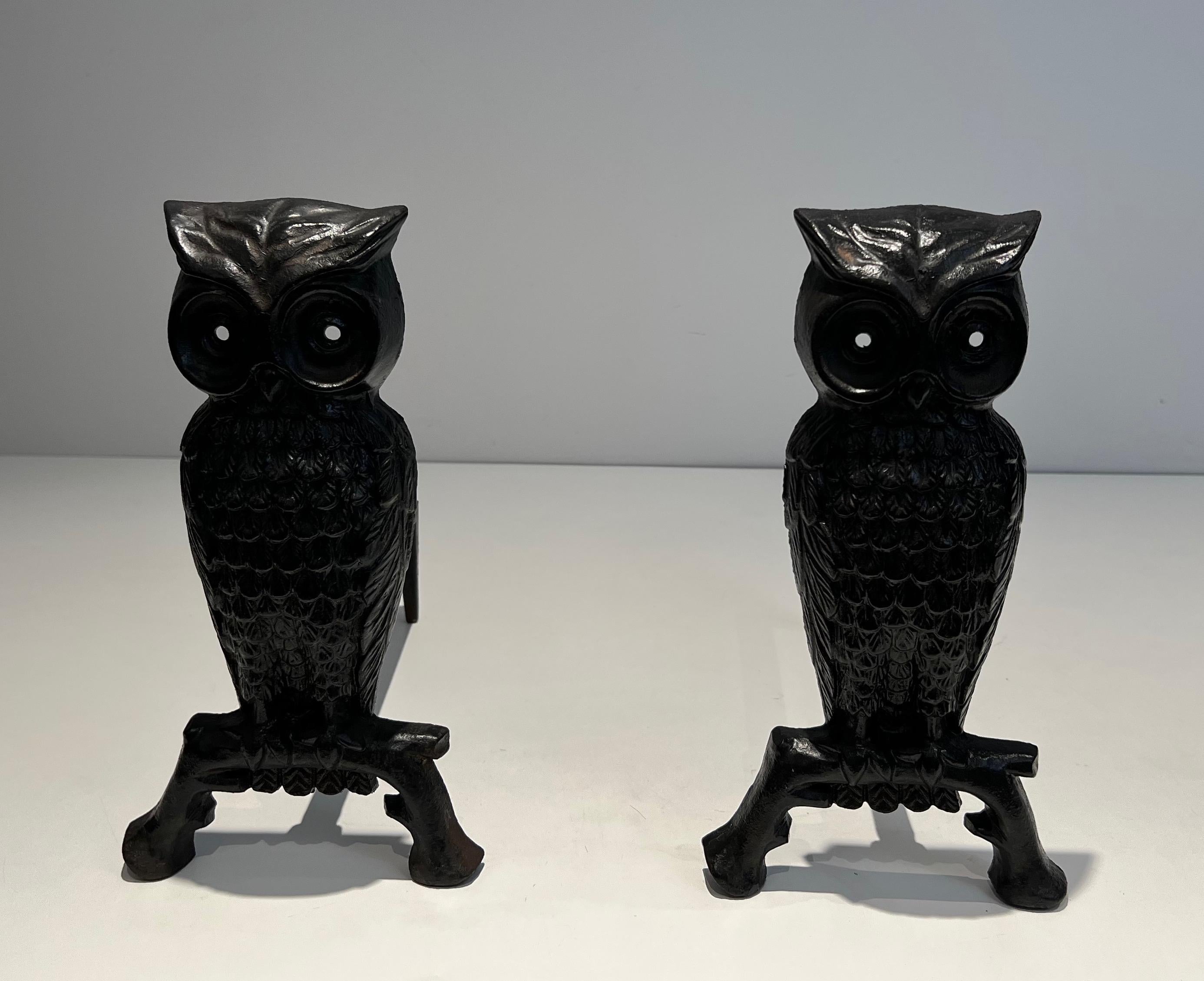 Pair of Cast Iron and Wrought Iron Andirons Showing an Owl For Sale 4