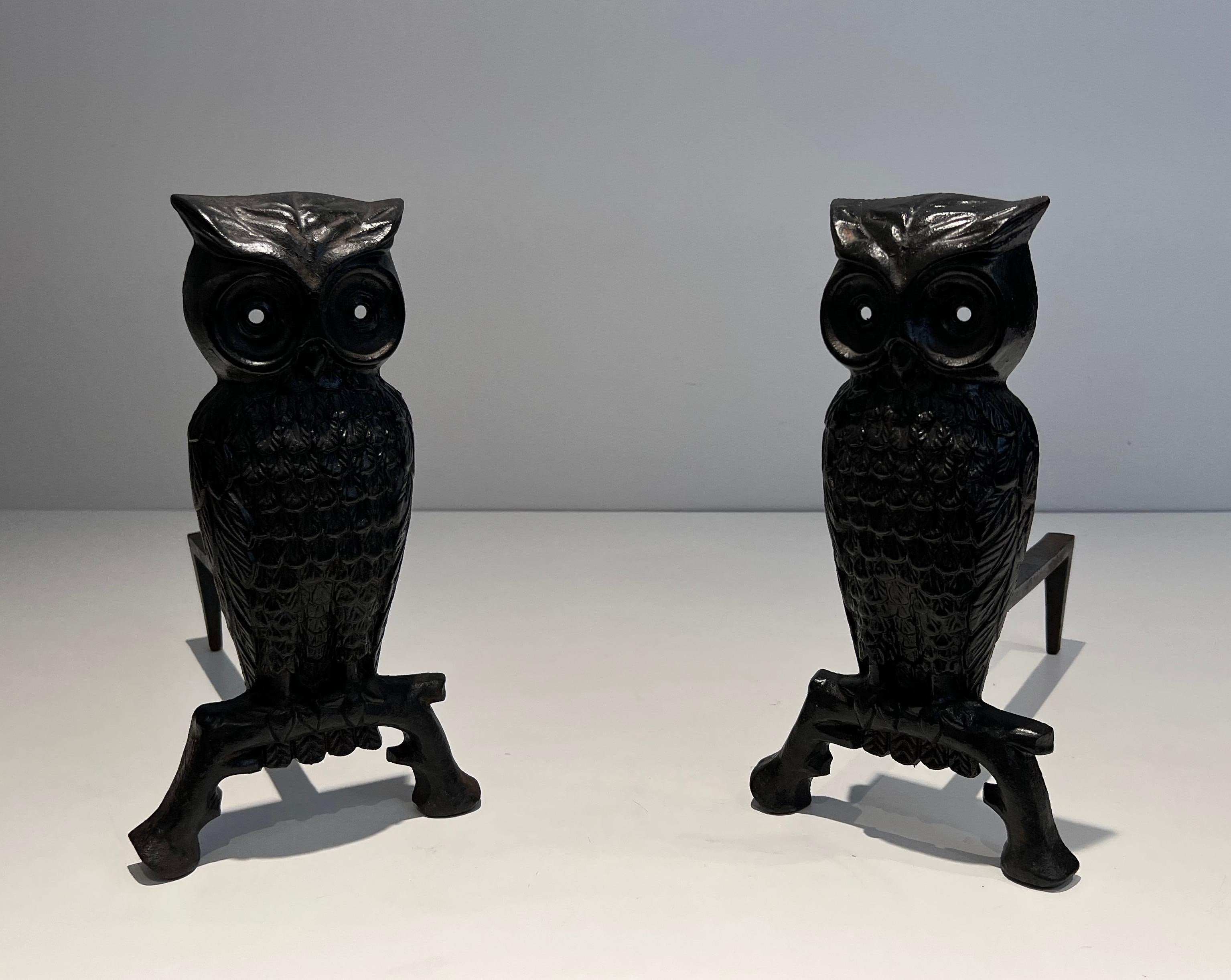 Pair of Cast Iron and Wrought Iron Andirons Showing an Owl For Sale 5