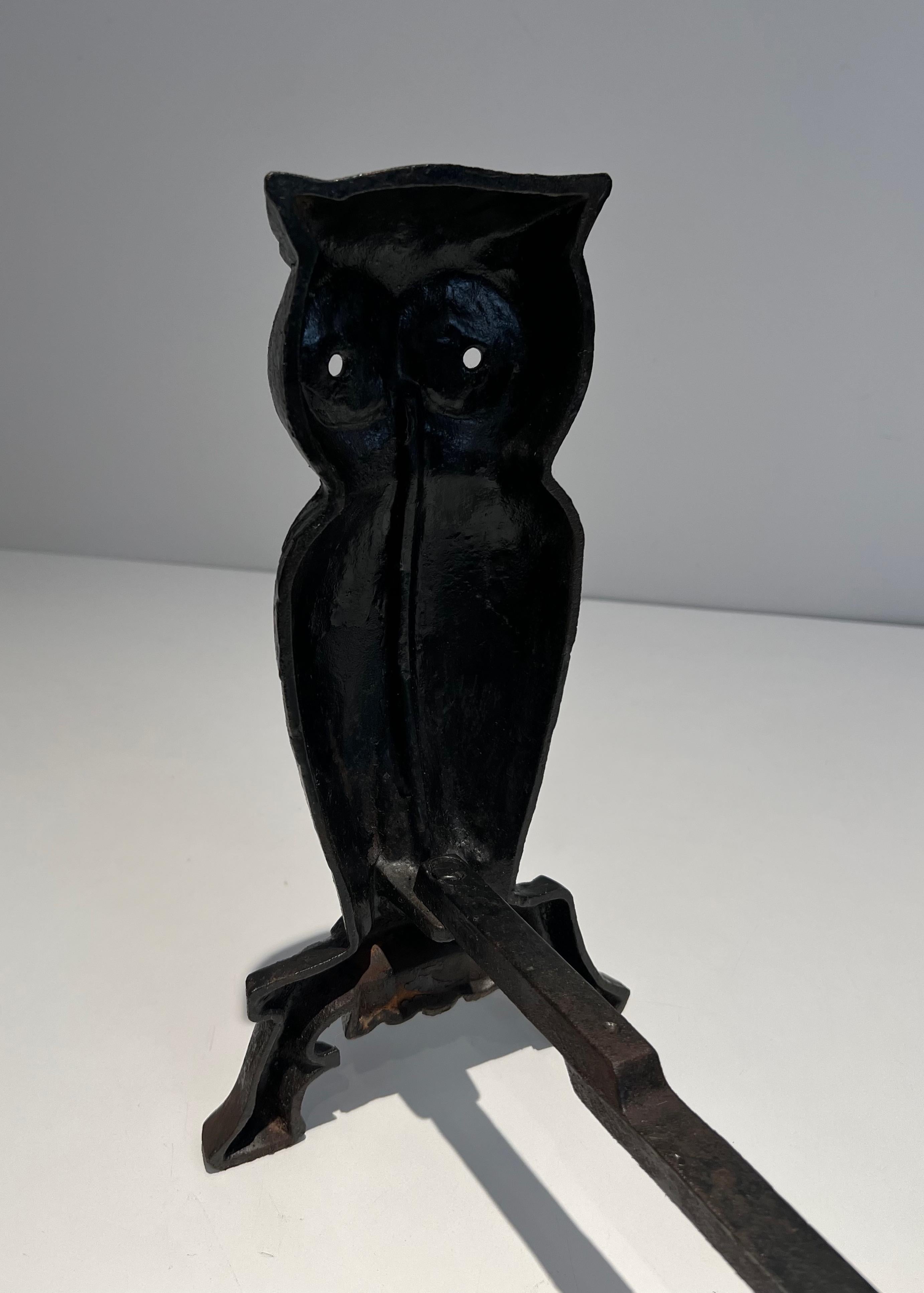 Pair of Cast Iron and Wrought Iron Andirons Showing an Owl For Sale 6