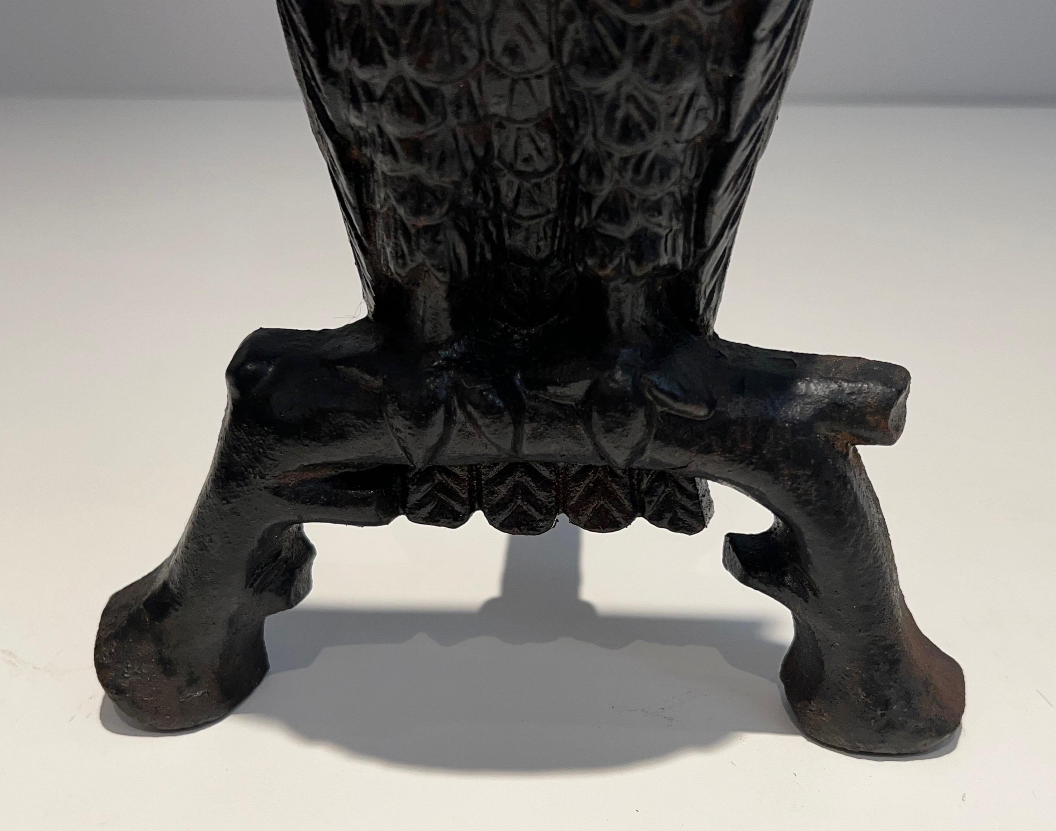 Pair of Cast Iron and Wrought Iron Andirons Showing an Owl For Sale 8