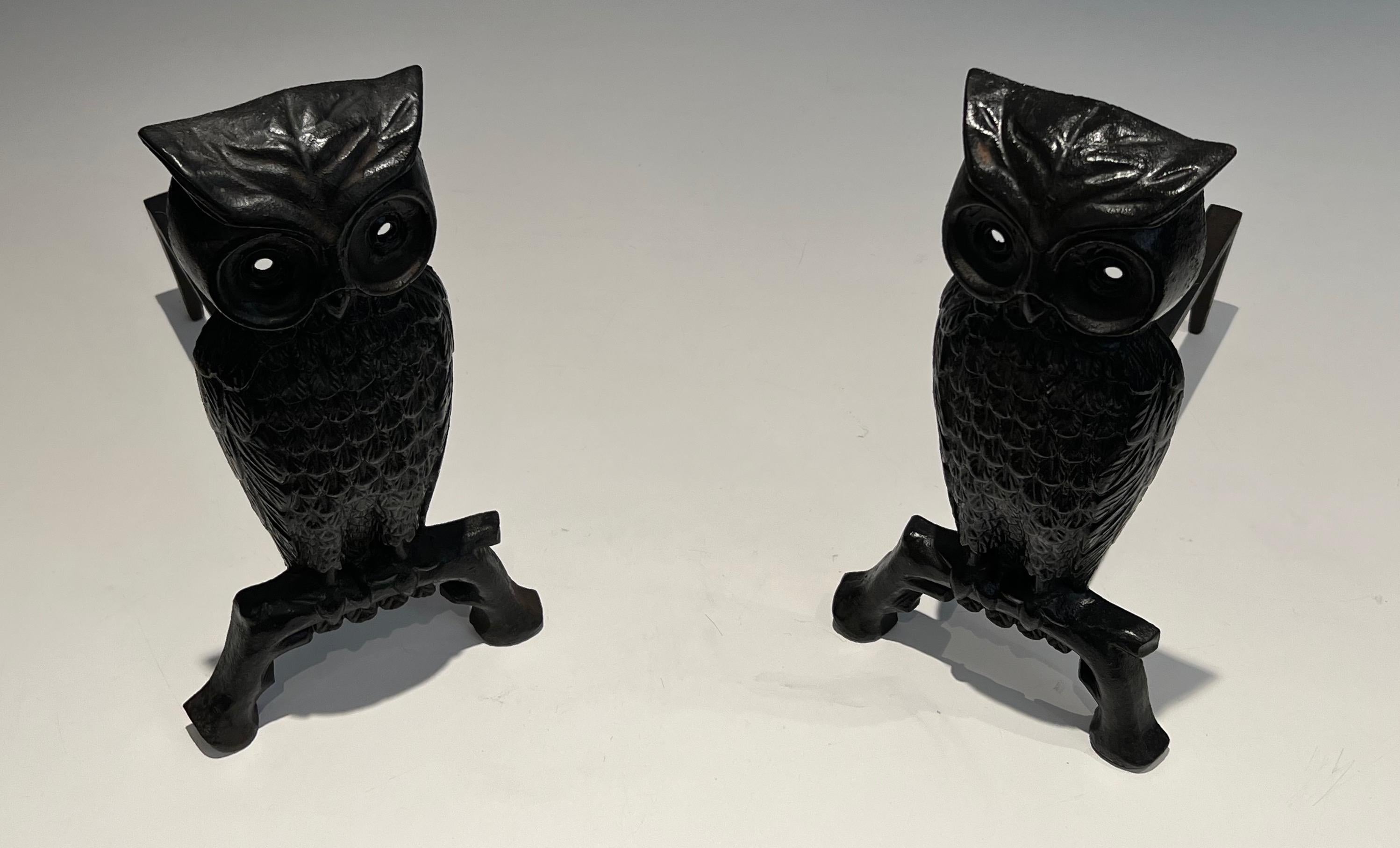 Pair of Cast Iron and Wrought Iron Andirons Showing an Owl For Sale 9