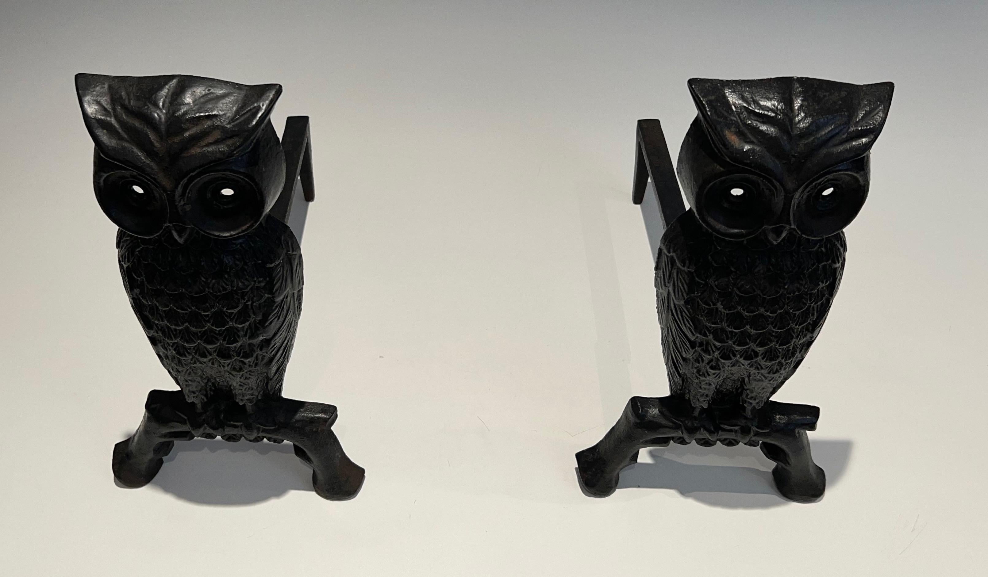 Pair of Cast Iron and Wrought Iron Andirons Showing an Owl For Sale 10