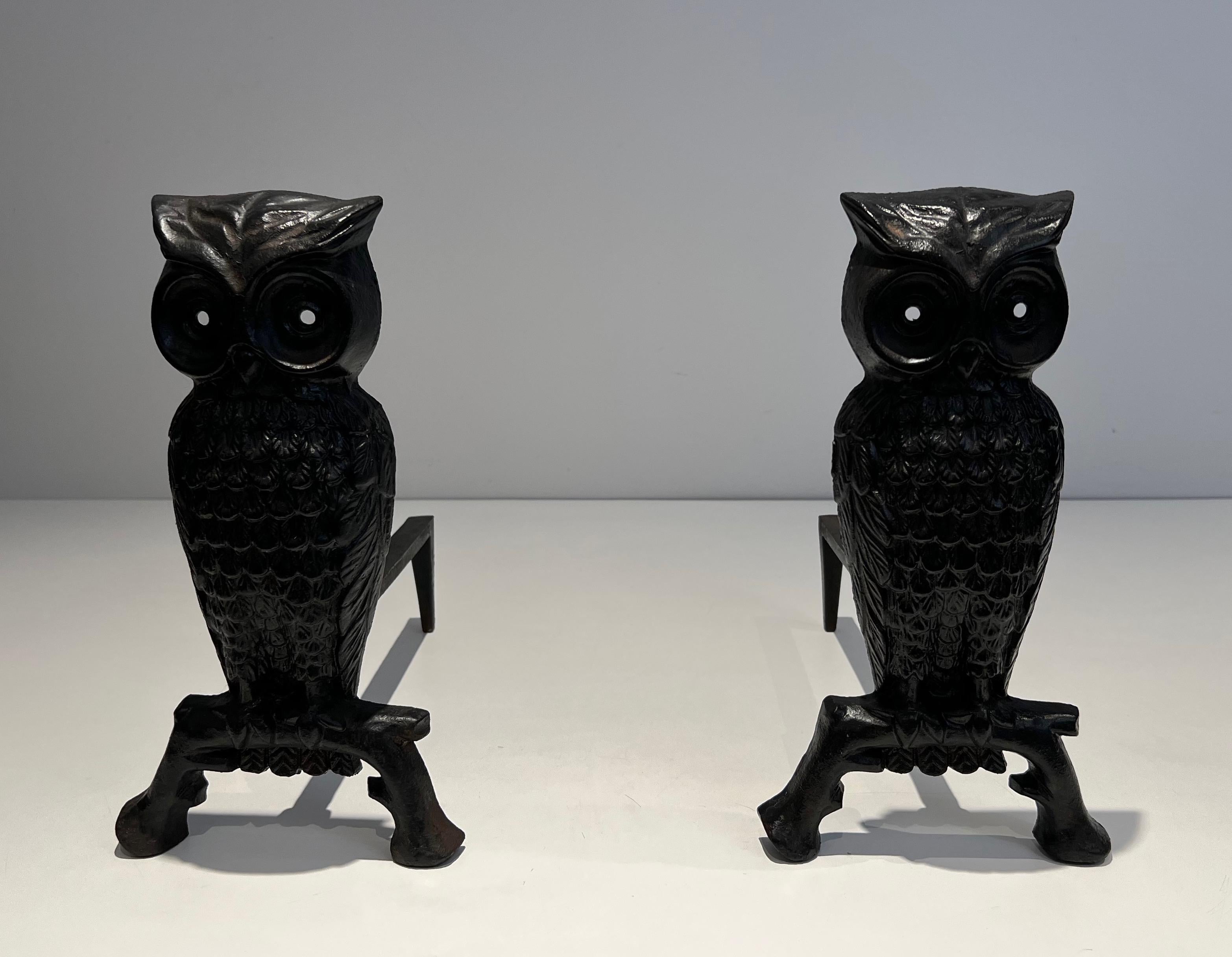 Pair of Cast Iron and Wrought Iron Andirons Showing an Owl For Sale 11