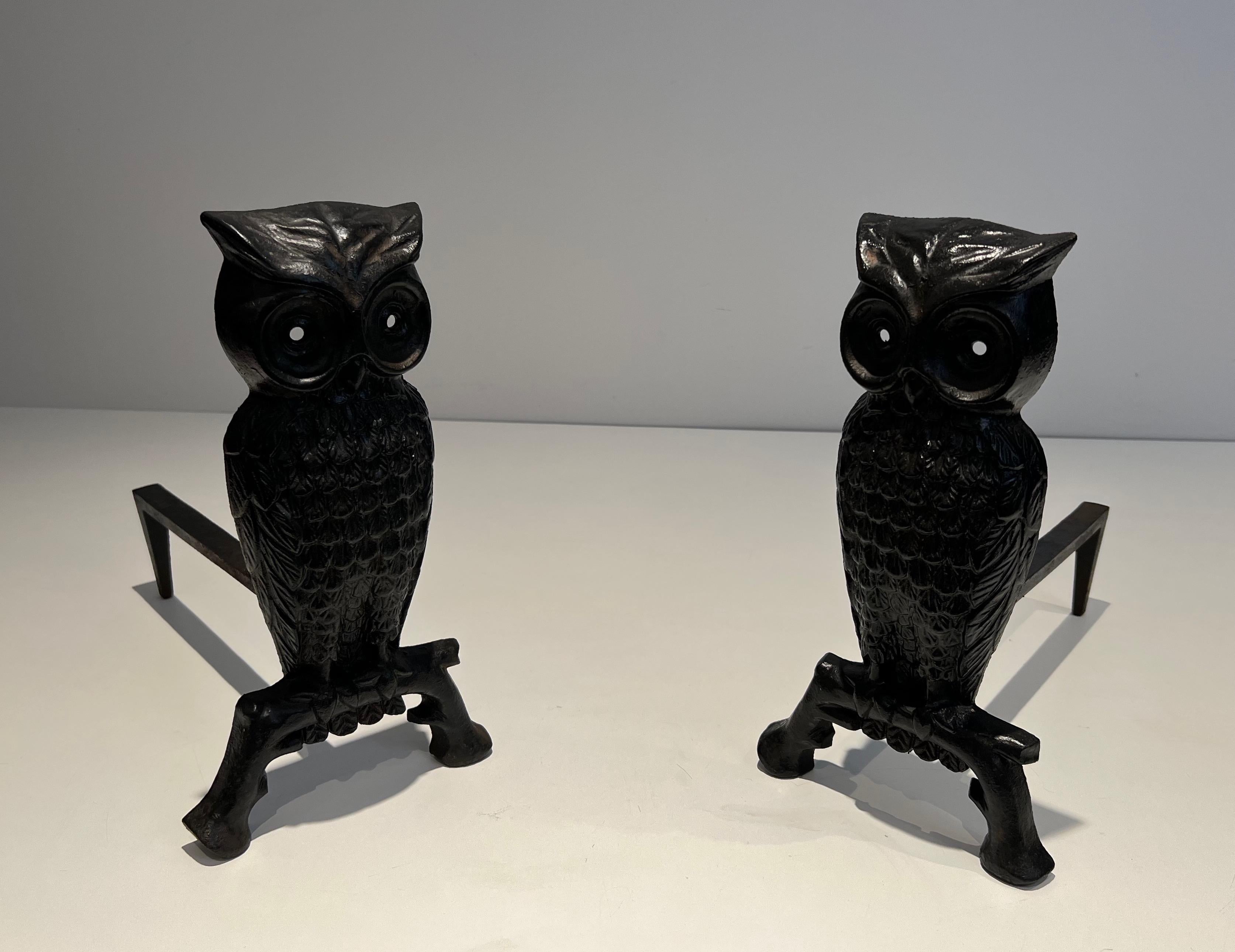 This pair of andirons showing an owl is made of cast iron and wrought iron This is a French work. Circa 1970.