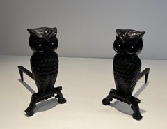 Pair of Cast Iron and Wrought Iron Andirons Showing an Owl