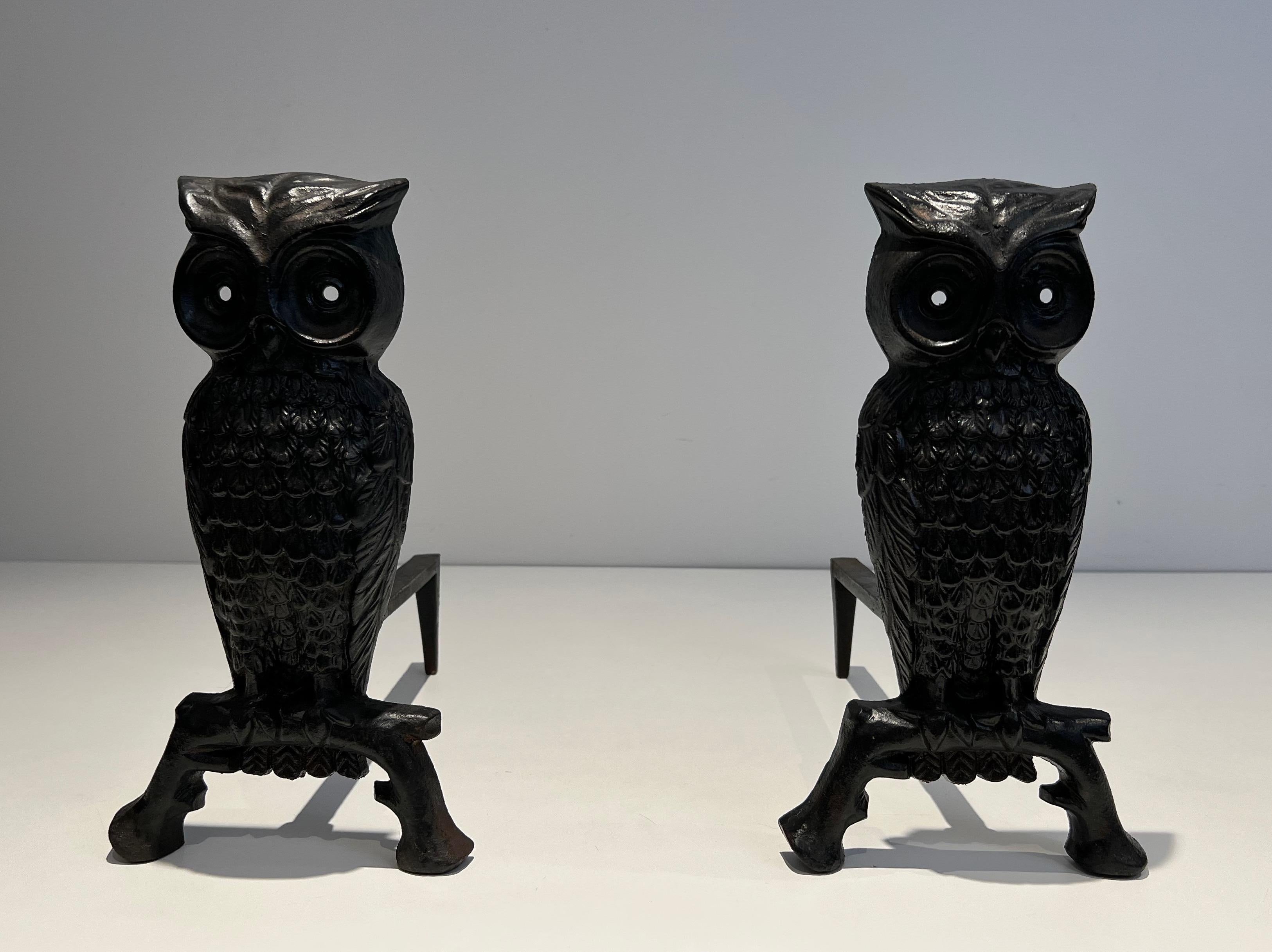 Mid-Century Modern Pair of Cast Iron and Wrought Iron Andirons Showing an Owl For Sale