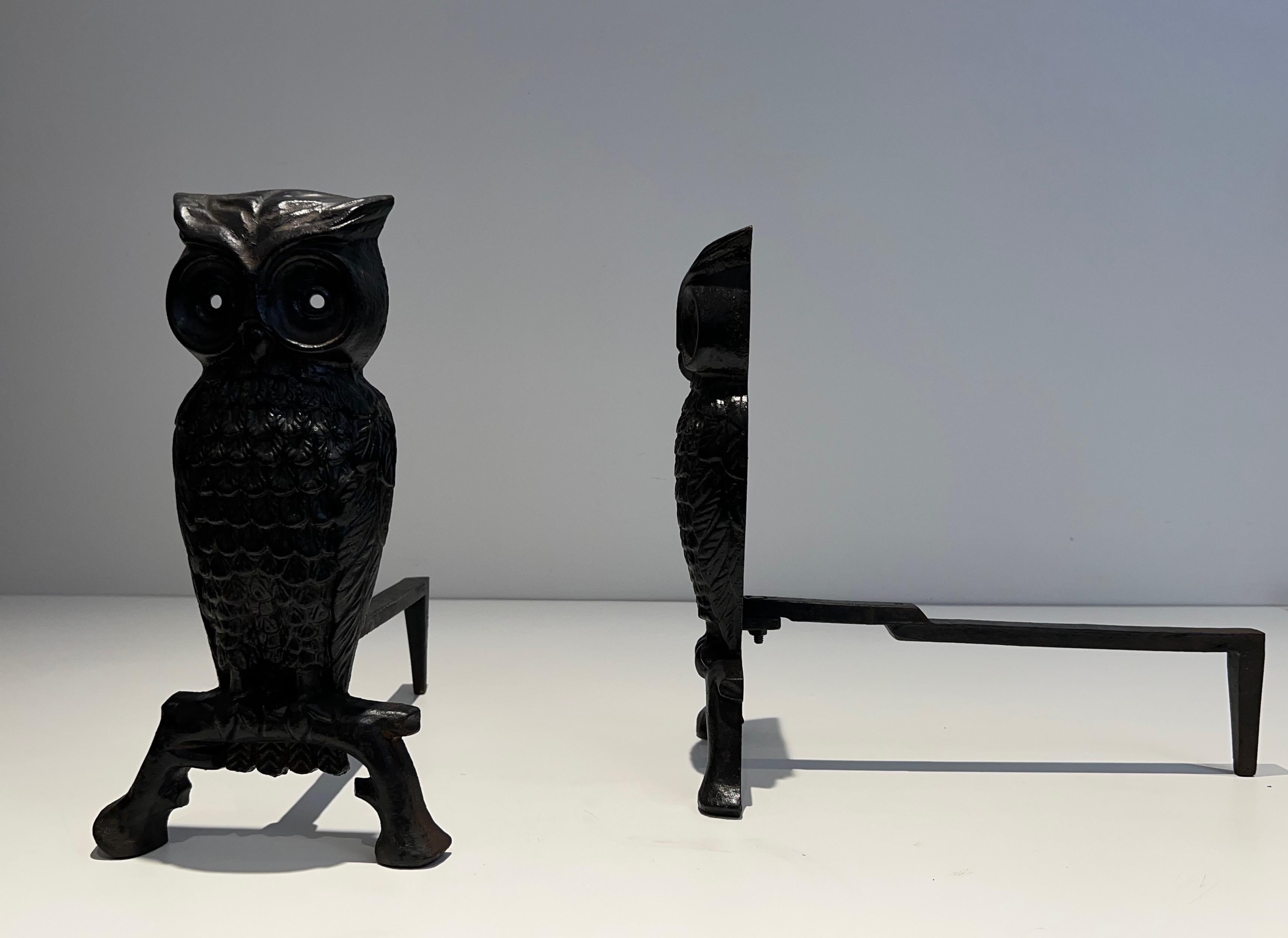 French Pair of Cast Iron and Wrought Iron Andirons Showing an Owl For Sale
