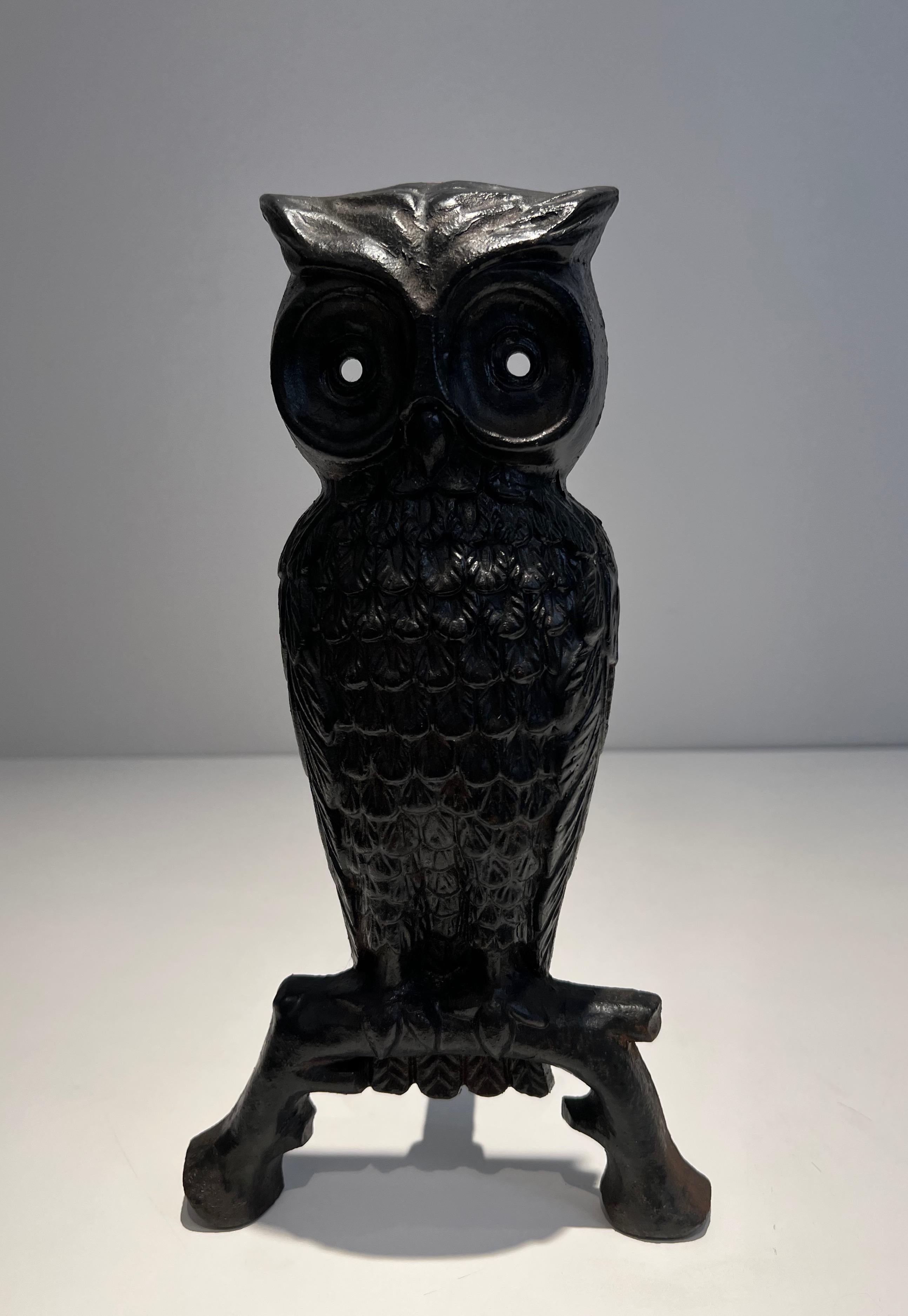 Pair of Cast Iron and Wrought Iron Andirons Showing an Owl In Good Condition For Sale In Marcq-en-Barœul, Hauts-de-France