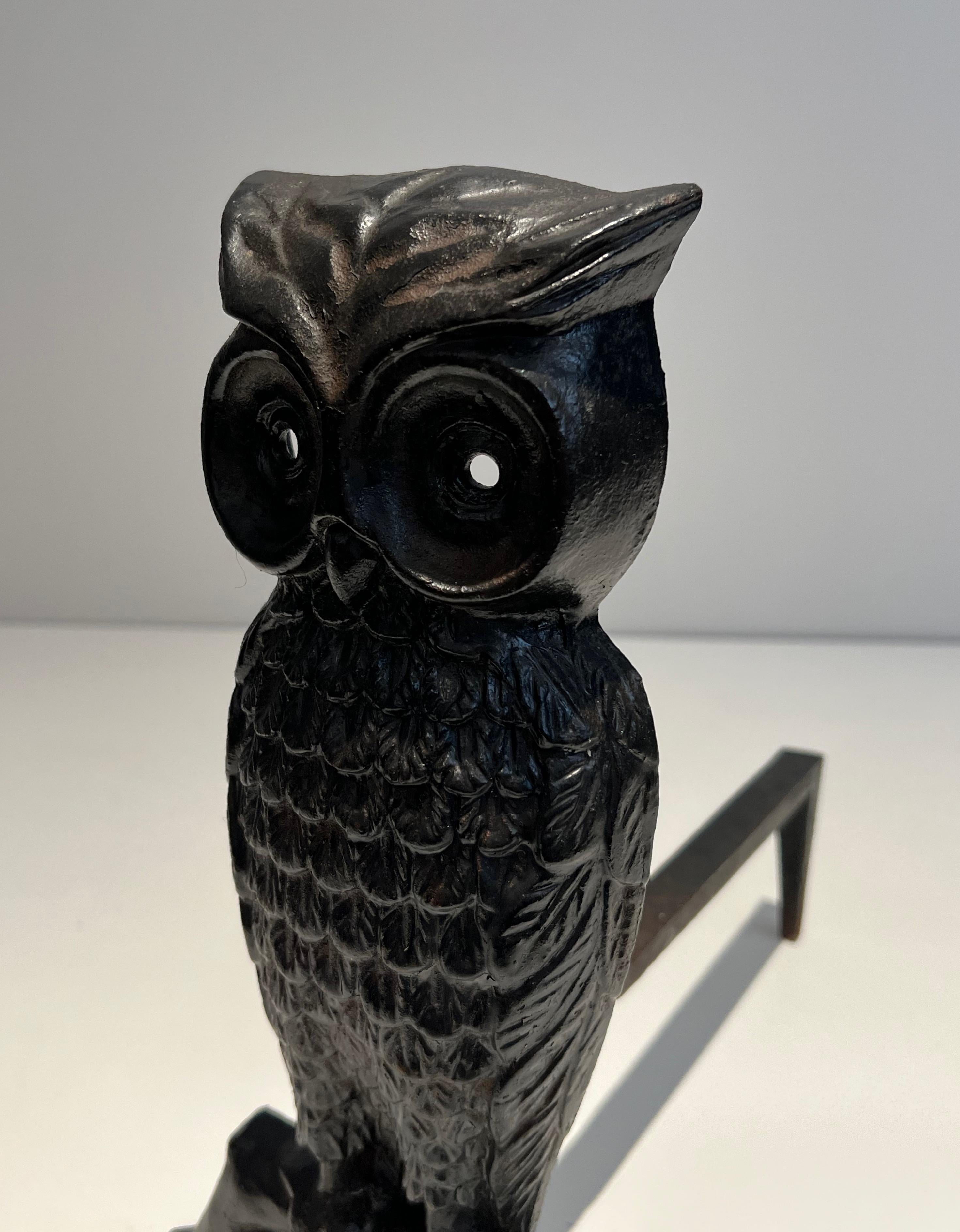 Late 20th Century Pair of Cast Iron and Wrought Iron Andirons Showing an Owl For Sale